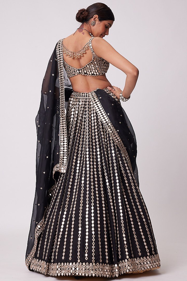 Black Organza Silk Lehenga Set with Paper Mirror & Zari Embroidery – Semi-Stitched with Dupatta