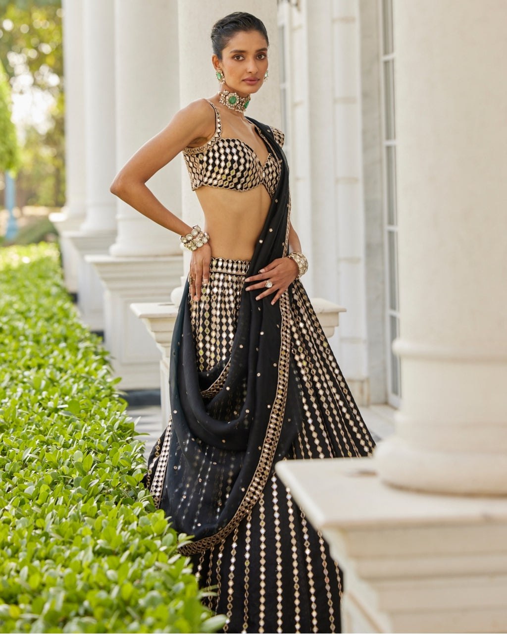 Black Organza Silk Lehenga Set with Paper Mirror & Zari Embroidery – Semi-Stitched with Dupatta