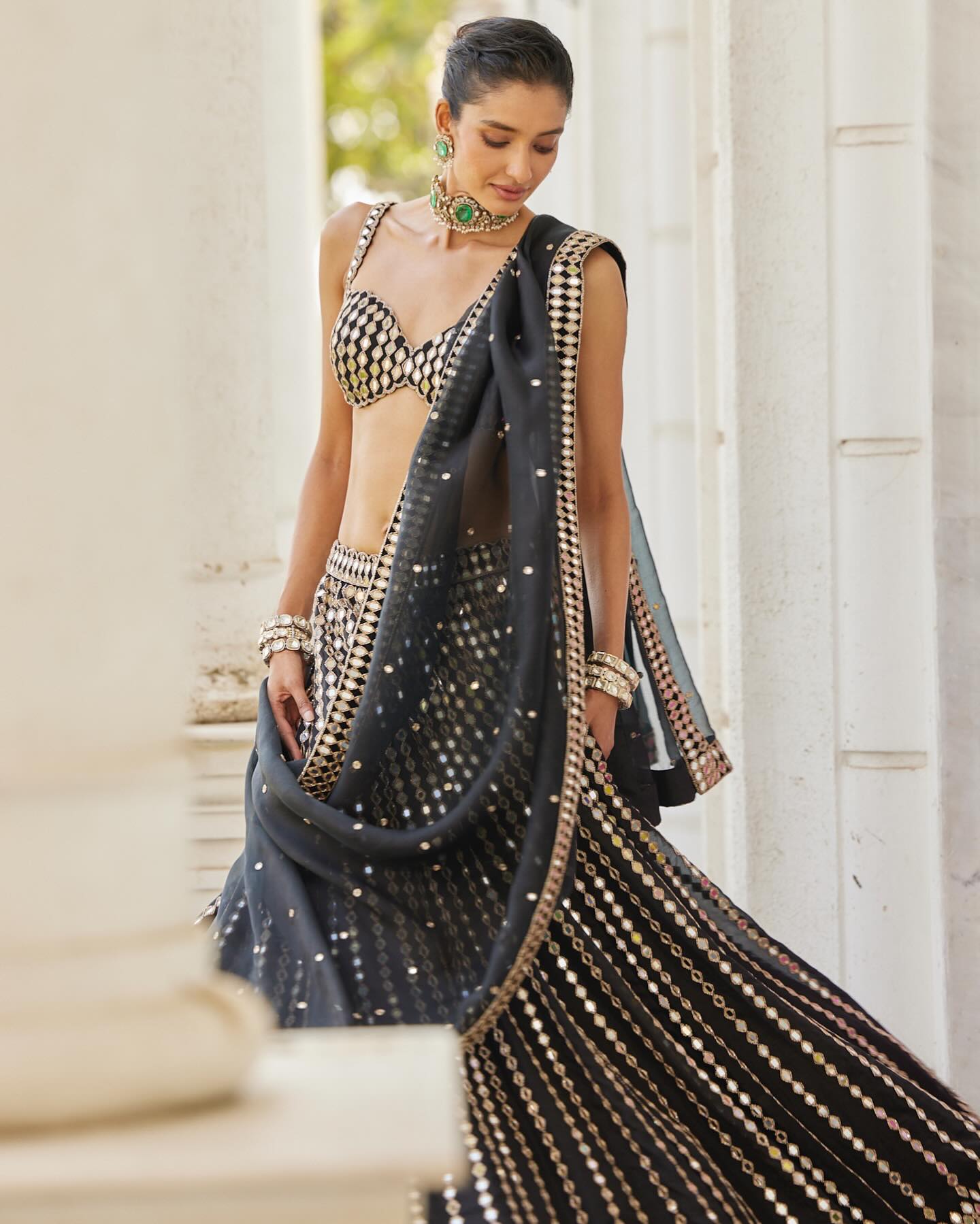 Black Organza Silk Lehenga Set with Paper Mirror & Zari Embroidery – Semi-Stitched with Dupatta