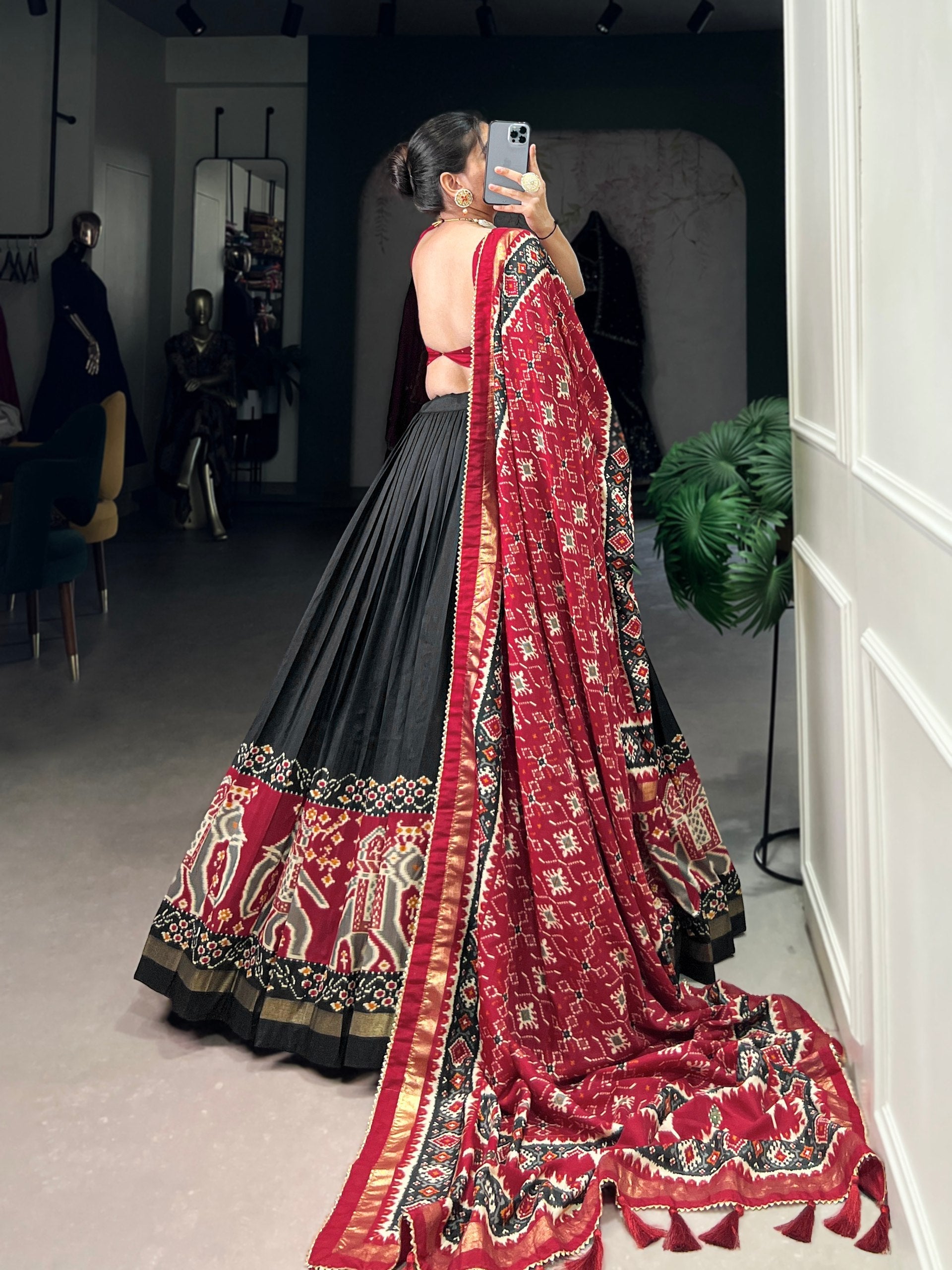 Black Patola Print Tussar Silk Lehenga Set with Gotta Patti Dupatta