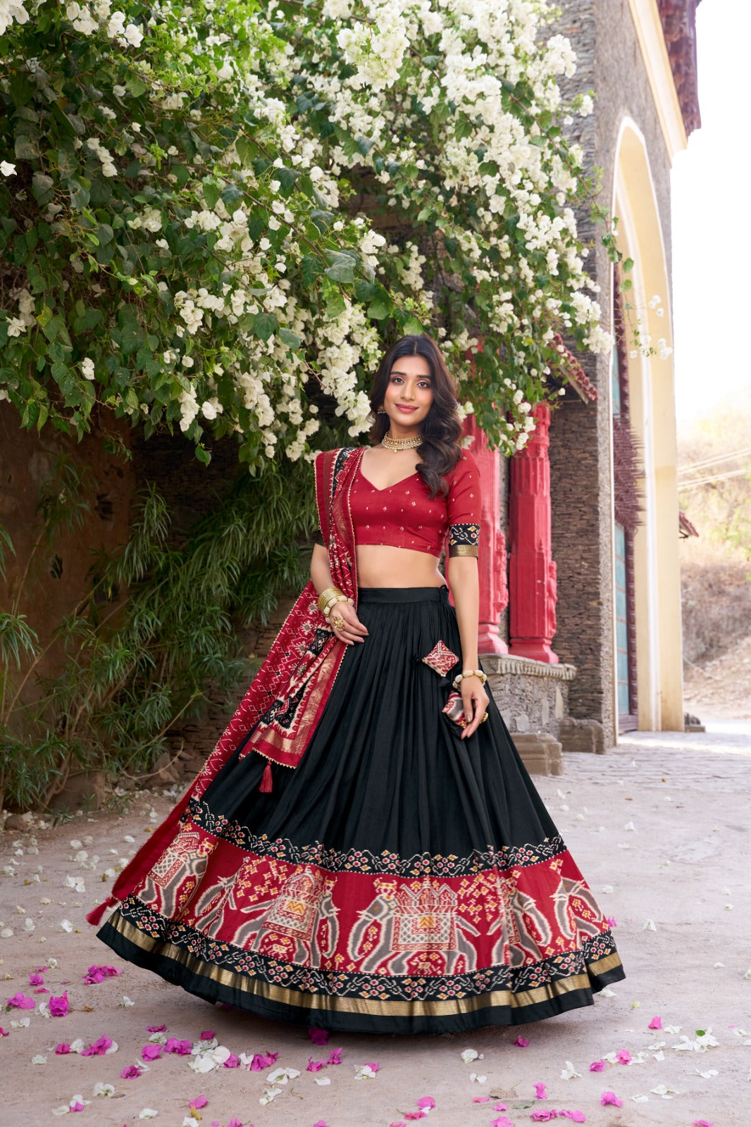 Black Patola Print Tussar Silk Lehenga Set with Gotta Patti Dupatta