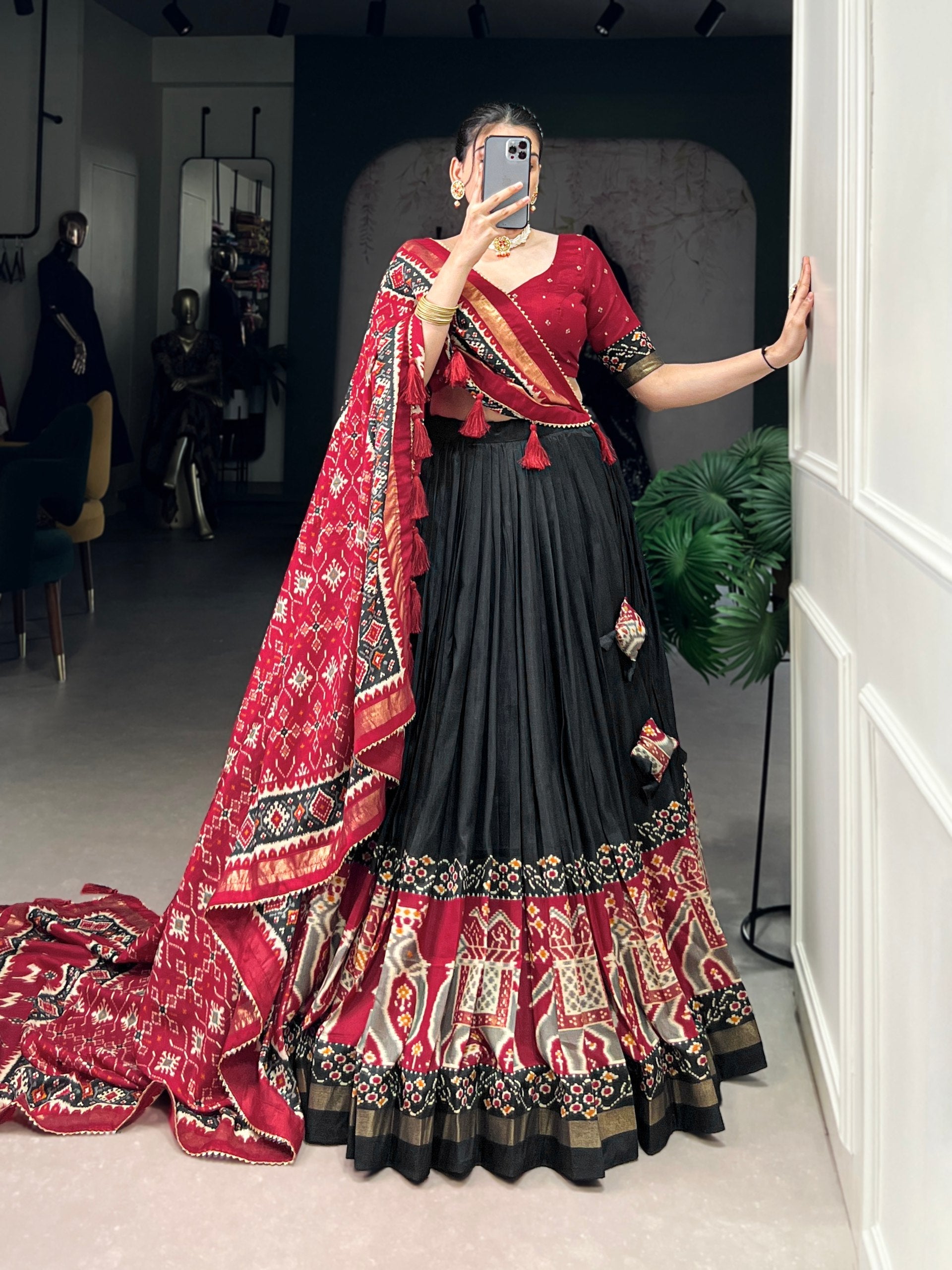 Black Patola Print Tussar Silk Lehenga Set with Gotta Patti Dupatta