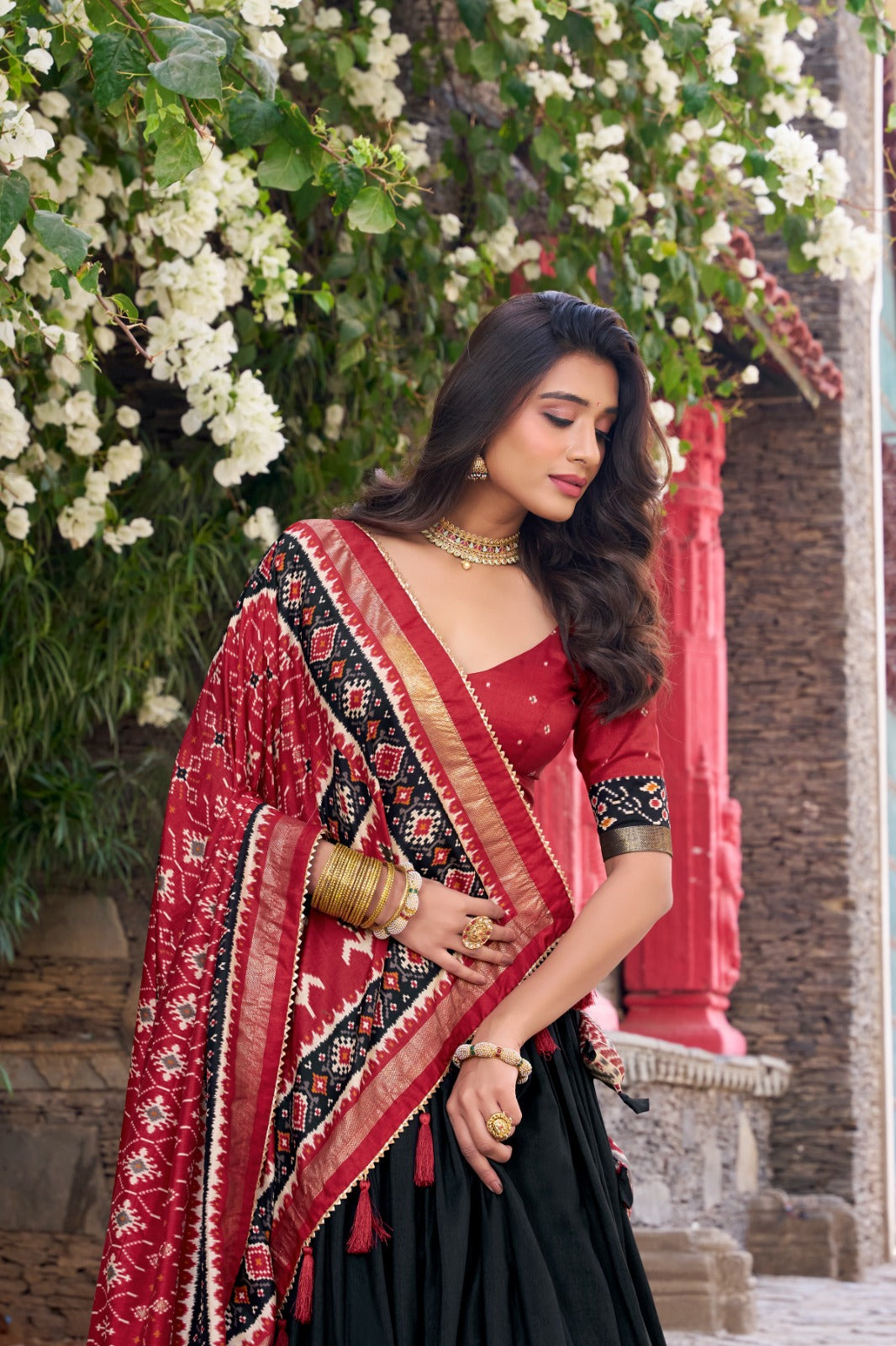 Black Patola Print Tussar Silk Lehenga Set with Gotta Patti Dupatta