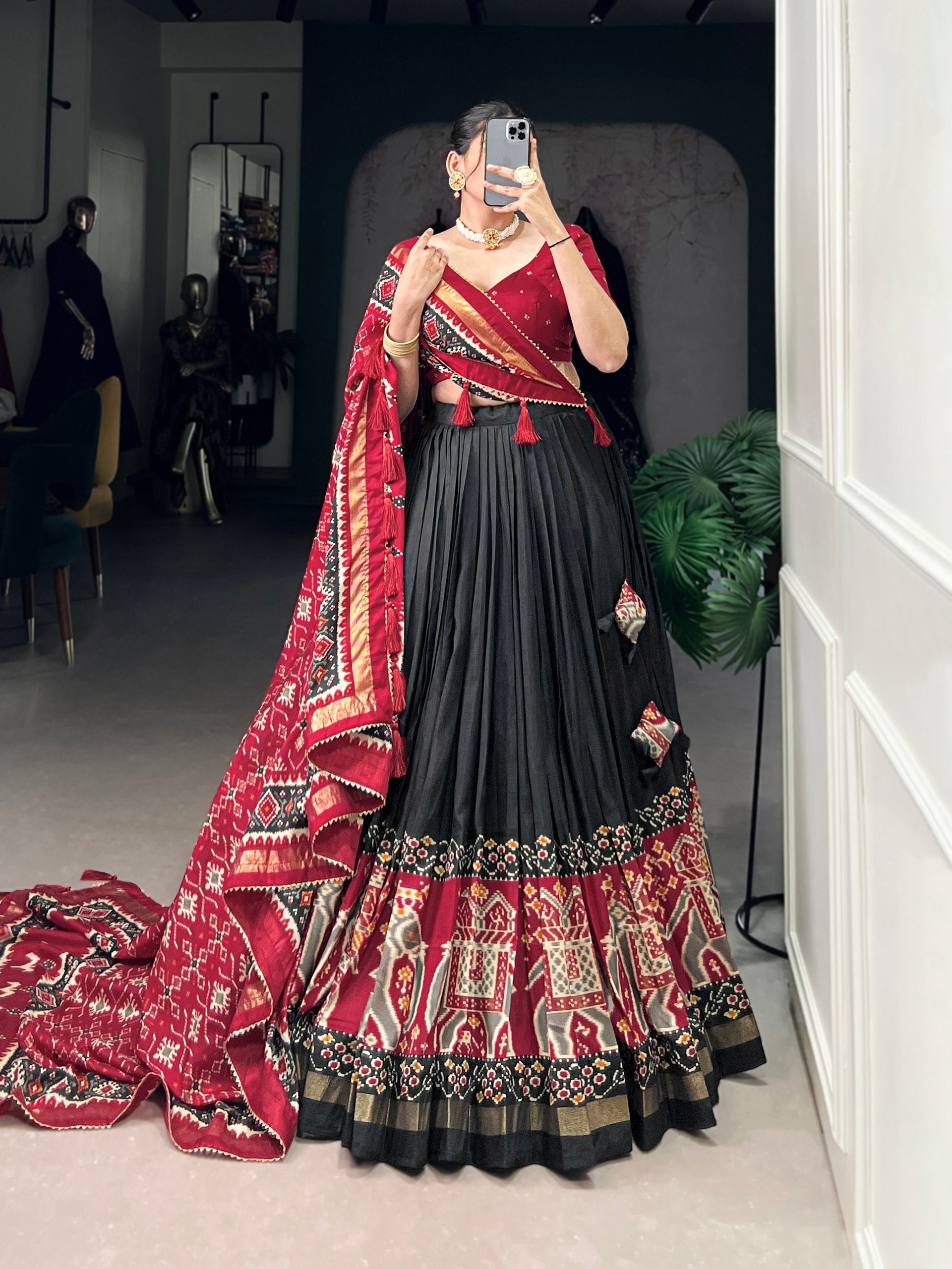 Black Patola Print Tussar Silk Lehenga Set with Gotta Patti Dupatta