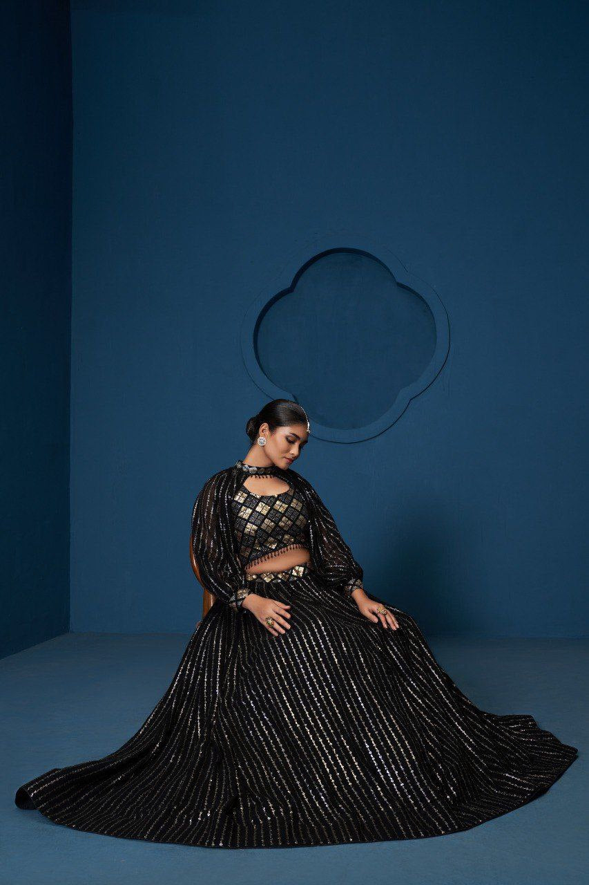 Black Premium Georgette Semi-Stitched Lehenga with Zari, Sequins & Embroidery Work and Unstitched Matching Blouse