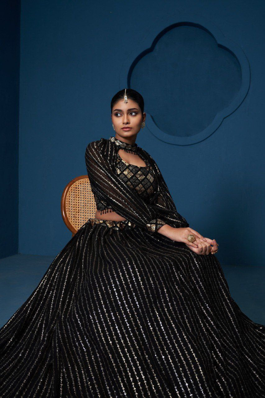 Black Premium Georgette Semi-Stitched Lehenga with Zari, Sequins & Embroidery Work and Unstitched Matching Blouse