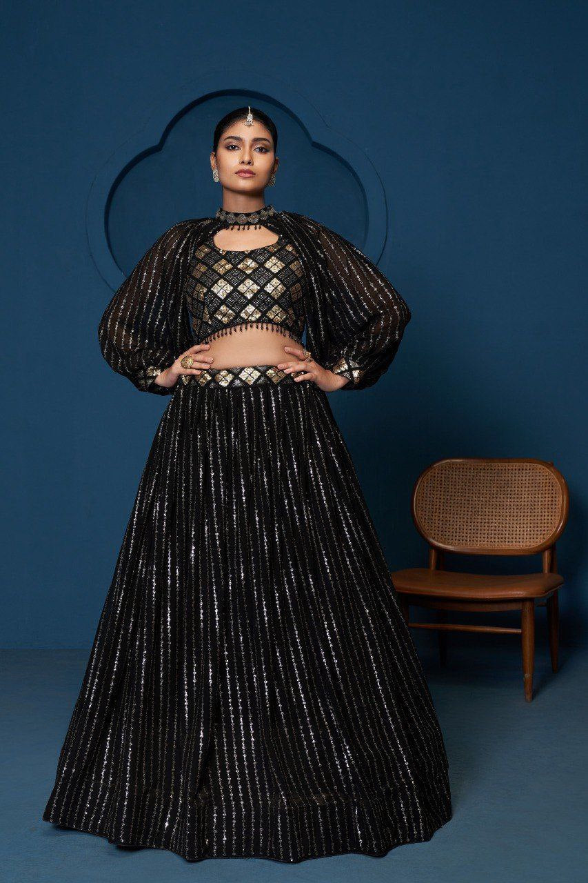Black Premium Georgette Semi-Stitched Lehenga with Zari, Sequins & Embroidery Work and Unstitched Matching Blouse