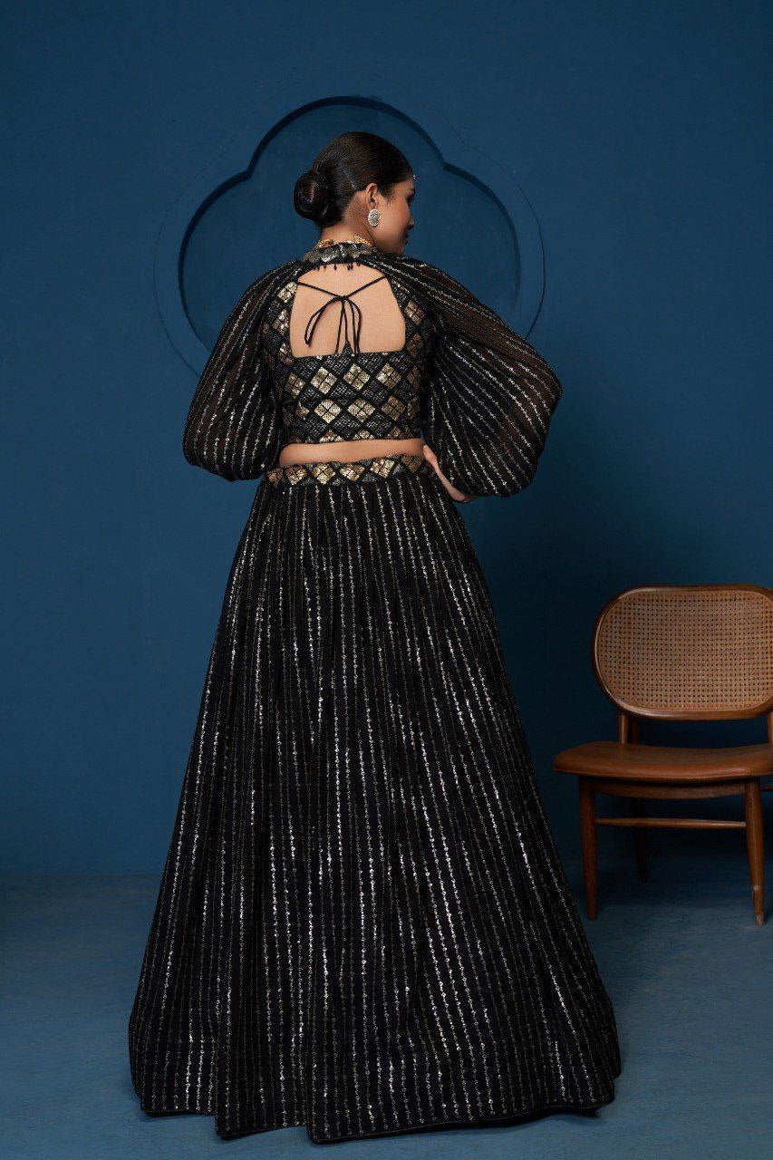 Black Premium Georgette Semi-Stitched Lehenga with Zari, Sequins & Embroidery Work and Unstitched Matching Blouse