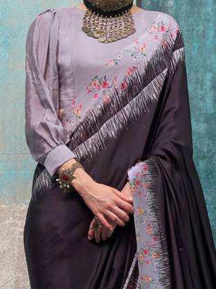Black Printed Chanderi Crepe Saree with Unstitched Blouse