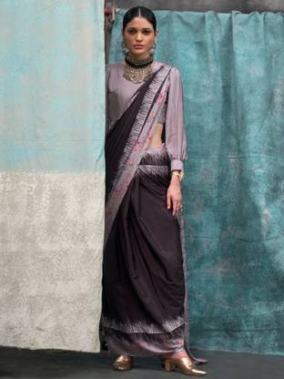 Black Printed Chanderi Crepe Saree with Unstitched Blouse