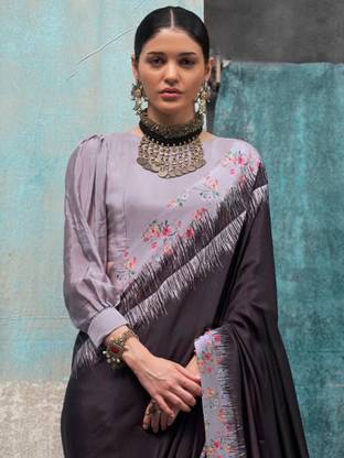 Black Printed Chanderi Crepe Saree with Unstitched Blouse