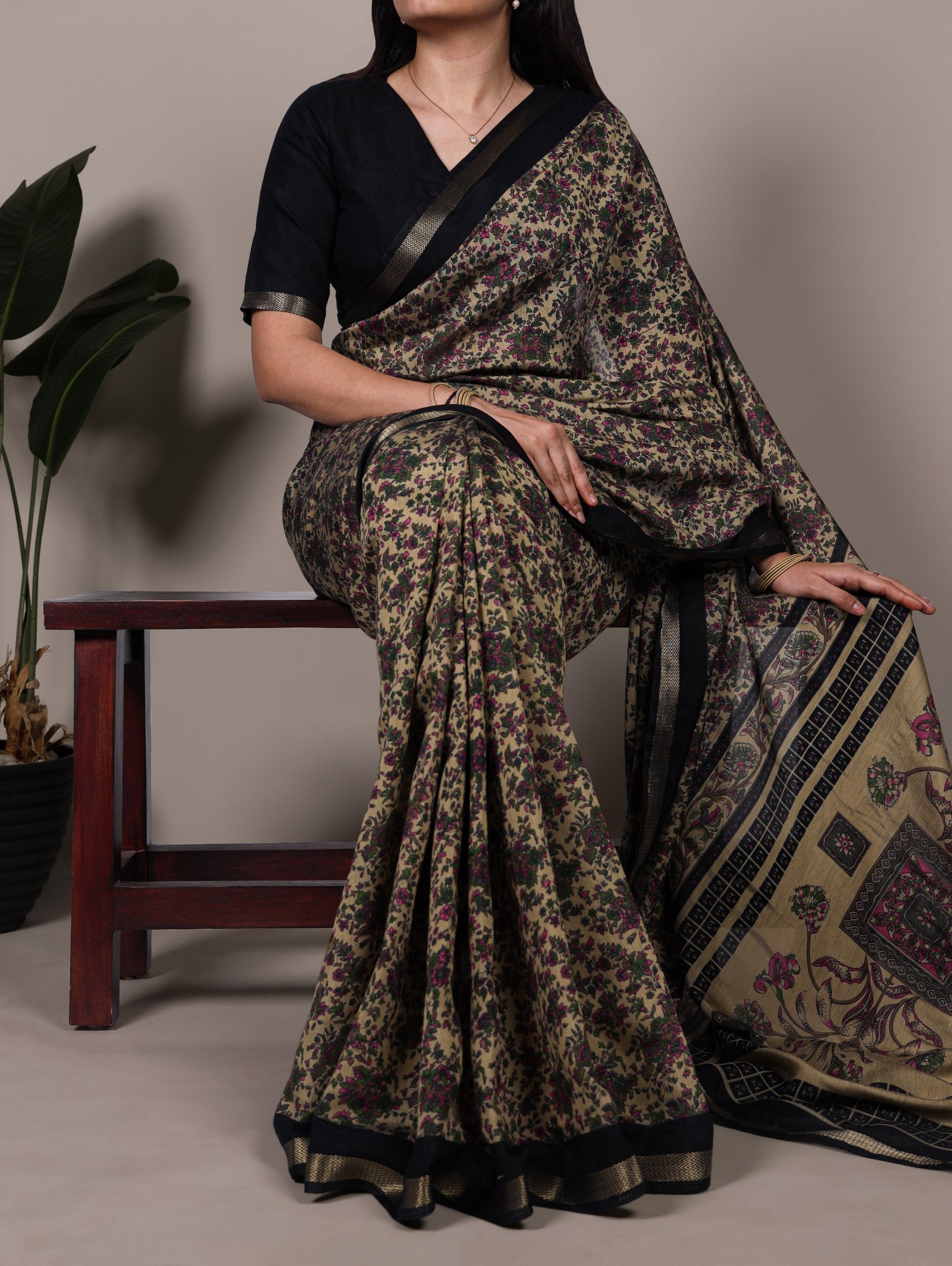 Black Printed Chanderi Polyester Viscose Saree with Zari Weaving Work & Unstitched Blouse — Festive & Traditional Party Wear Saree for Women