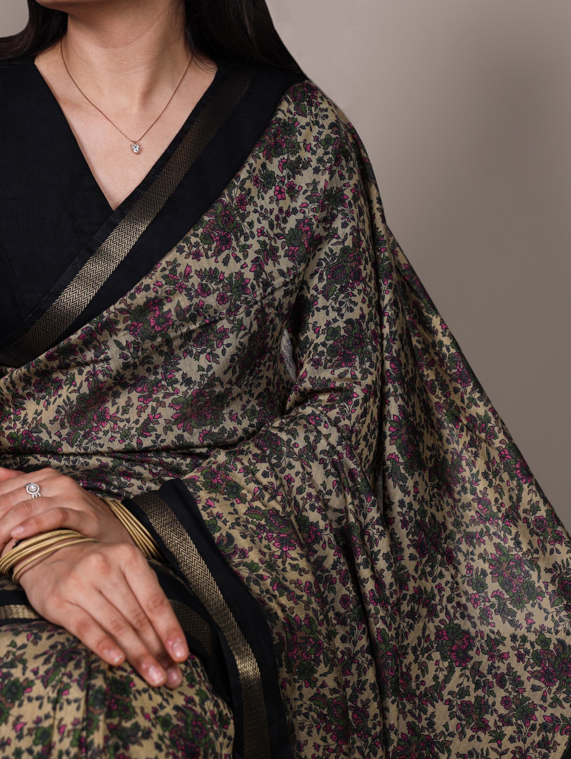 Black Printed Chanderi Polyester Viscose Saree with Zari Weaving Work & Unstitched Blouse — Festive & Traditional Party Wear Saree for Women