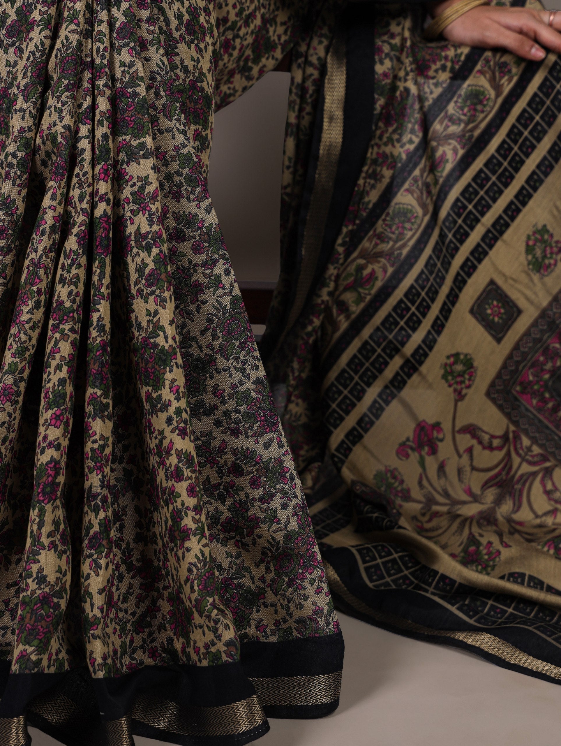 Black Printed Chanderi Polyester Viscose Saree with Zari Weaving Work & Unstitched Blouse — Festive & Traditional Party Wear Saree for Women
