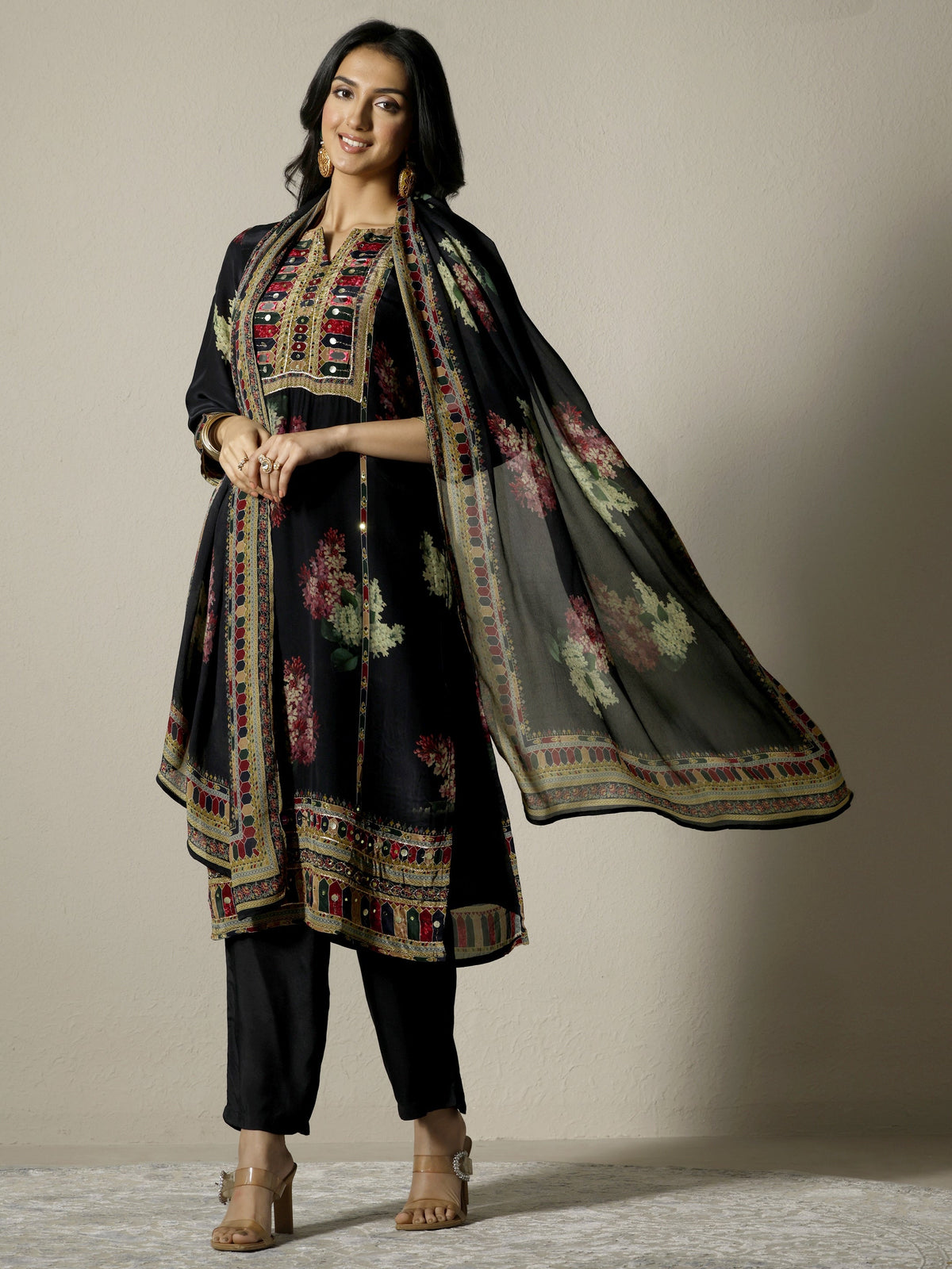 Anouk Black Printed Chinon Straight Suit Set With Dupatta