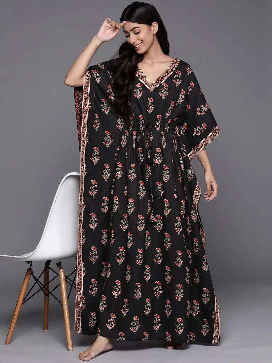 Anouk Black Printed Cotton Night Dress
