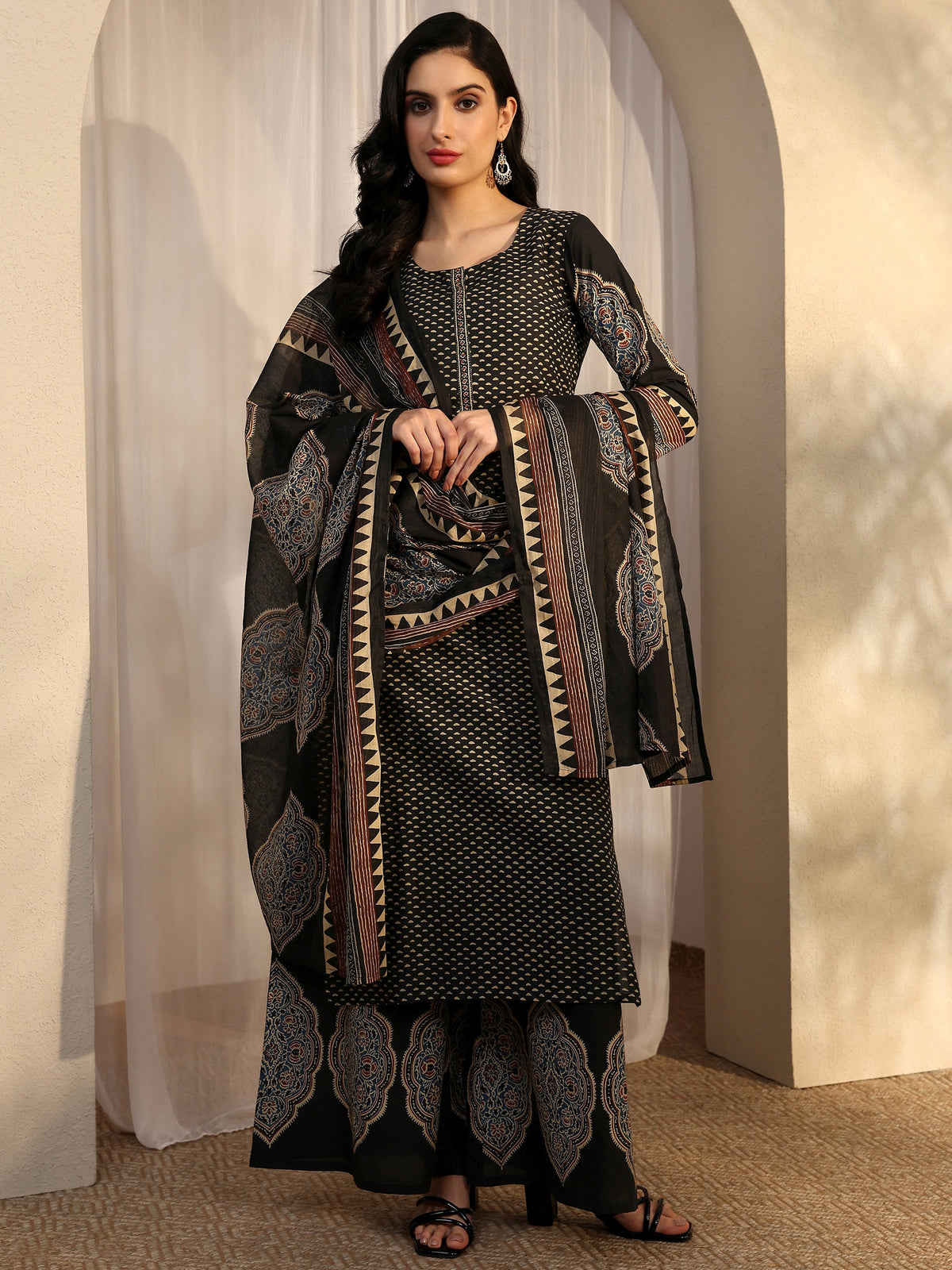 Anouk Black Printed Cotton Straight Suit Set With Dupatta