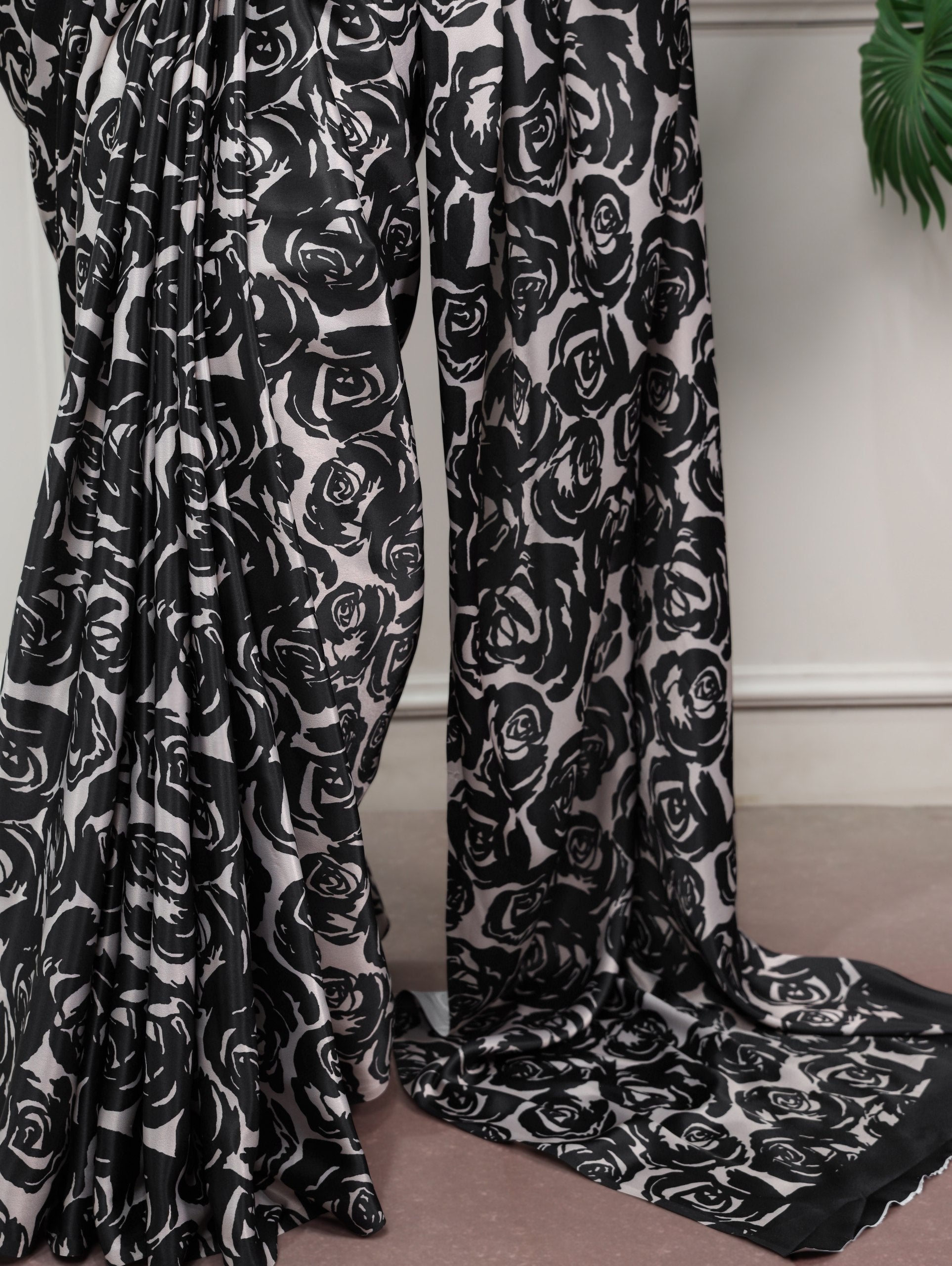 Black Printed Satin Silk Saree