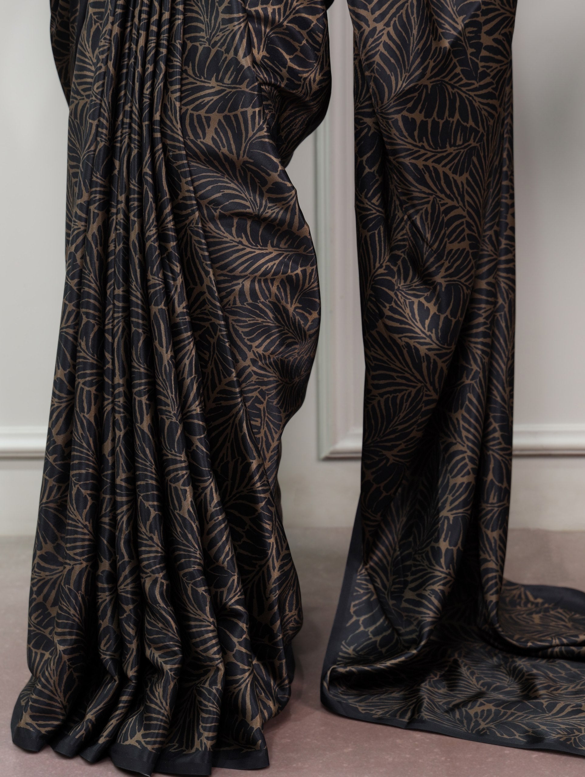 Black Printed Satin Silk Saree