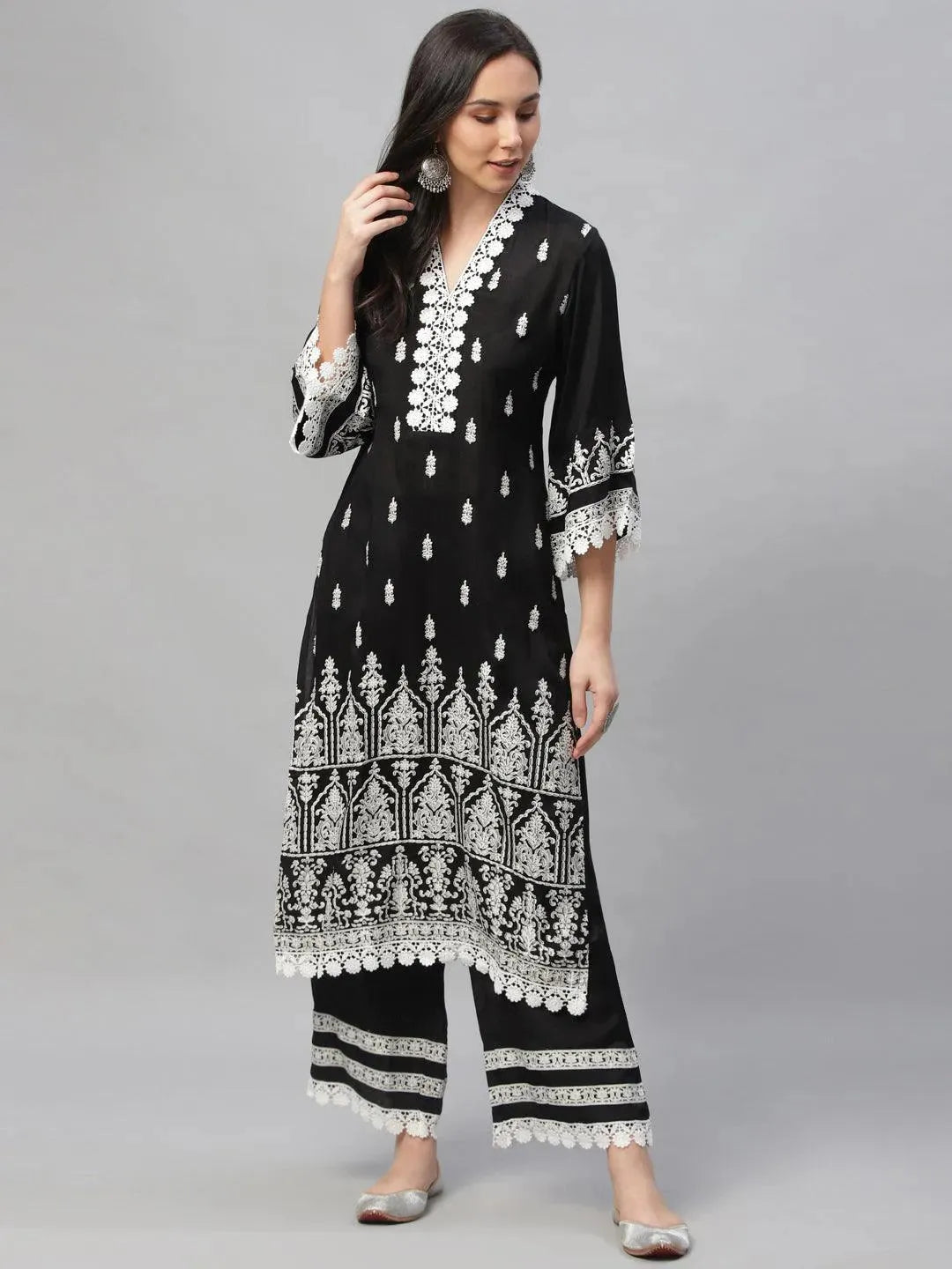 Anouk Black Printed Shantoon Straight Kurta With Palazzos