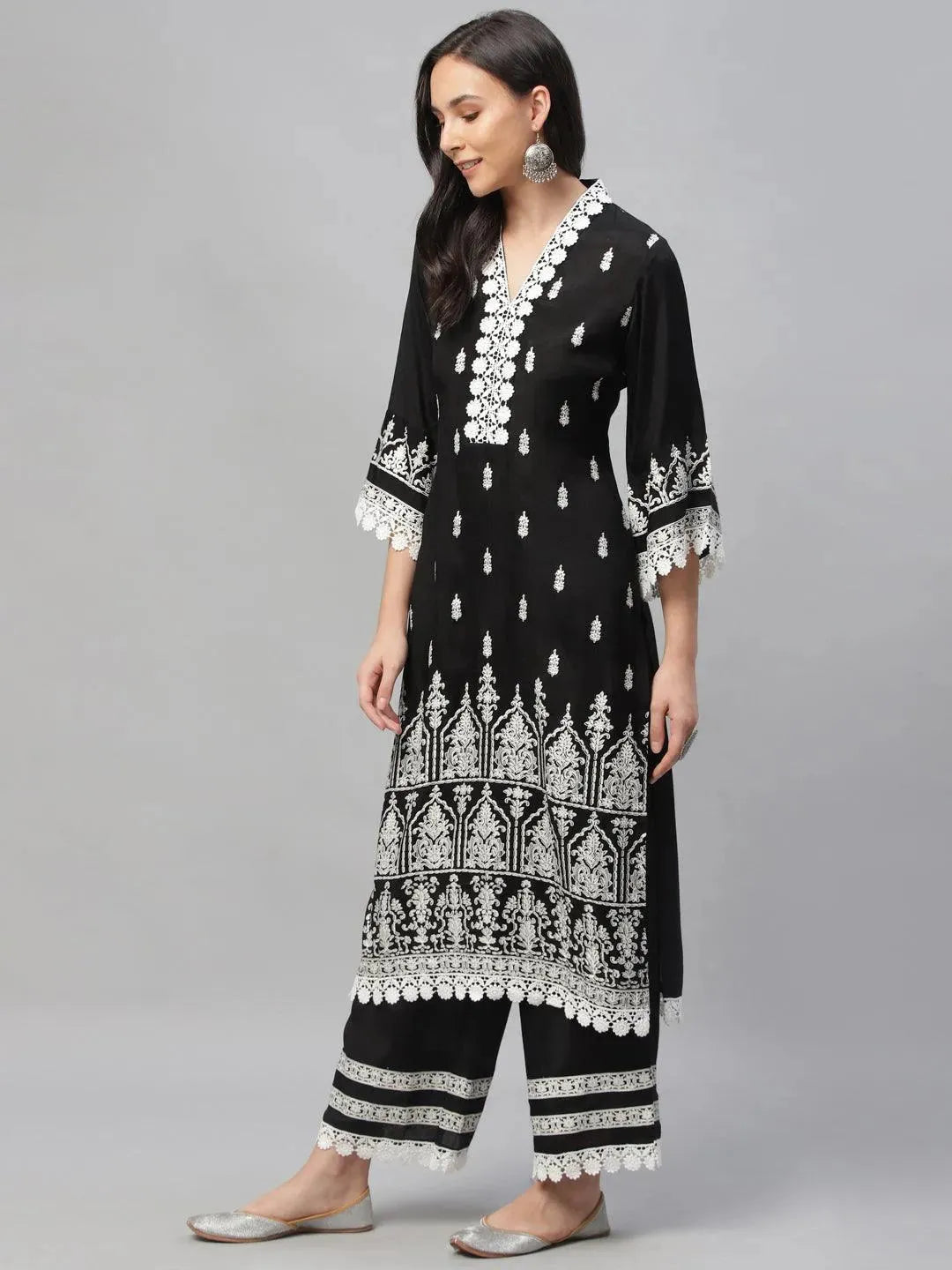 Anouk Black Printed Shantoon Straight Kurta With Palazzos