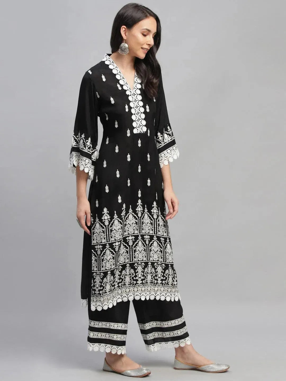 Anouk Black Printed Shantoon Straight Kurta With Palazzos