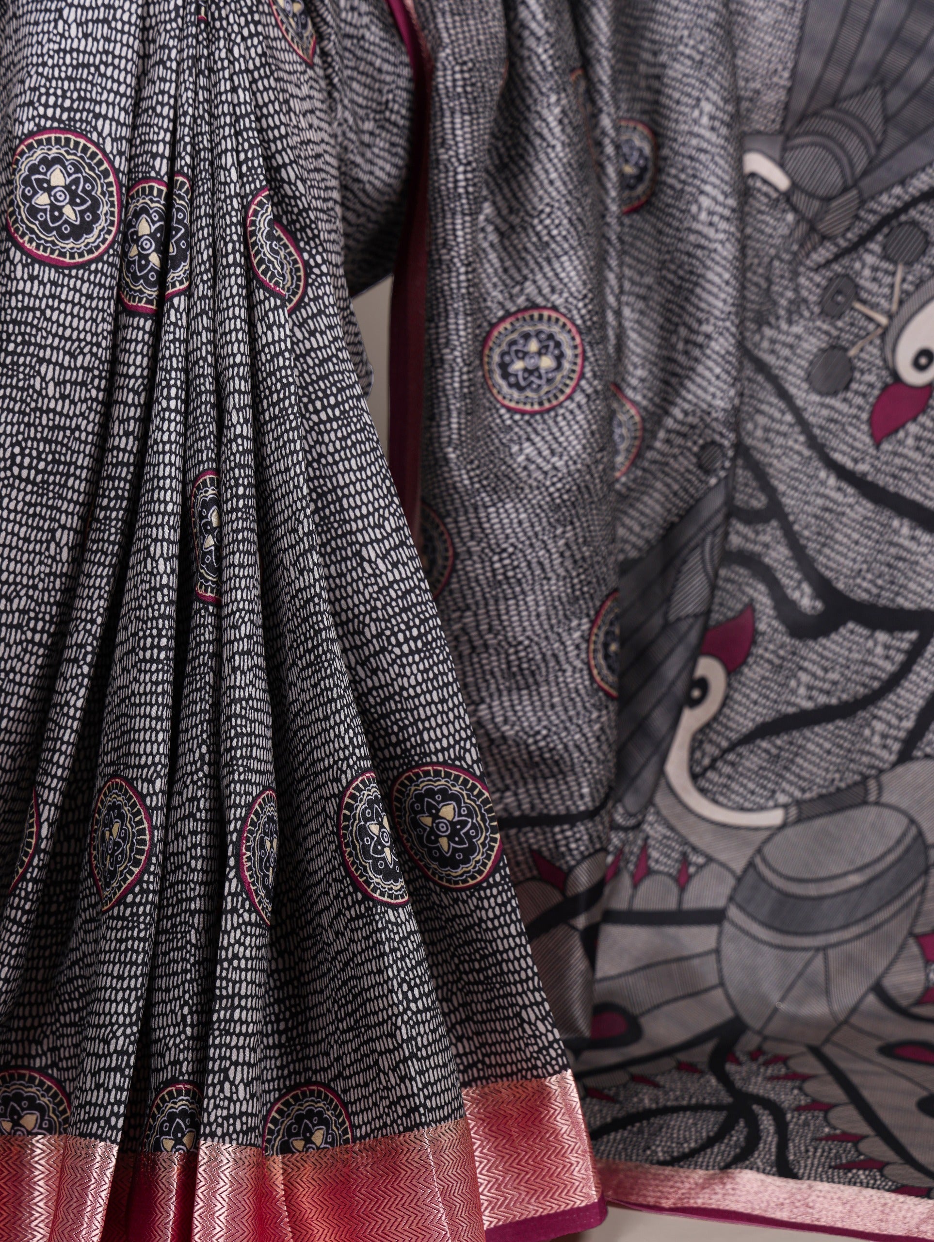 Black Printed Tussar Silk Saree