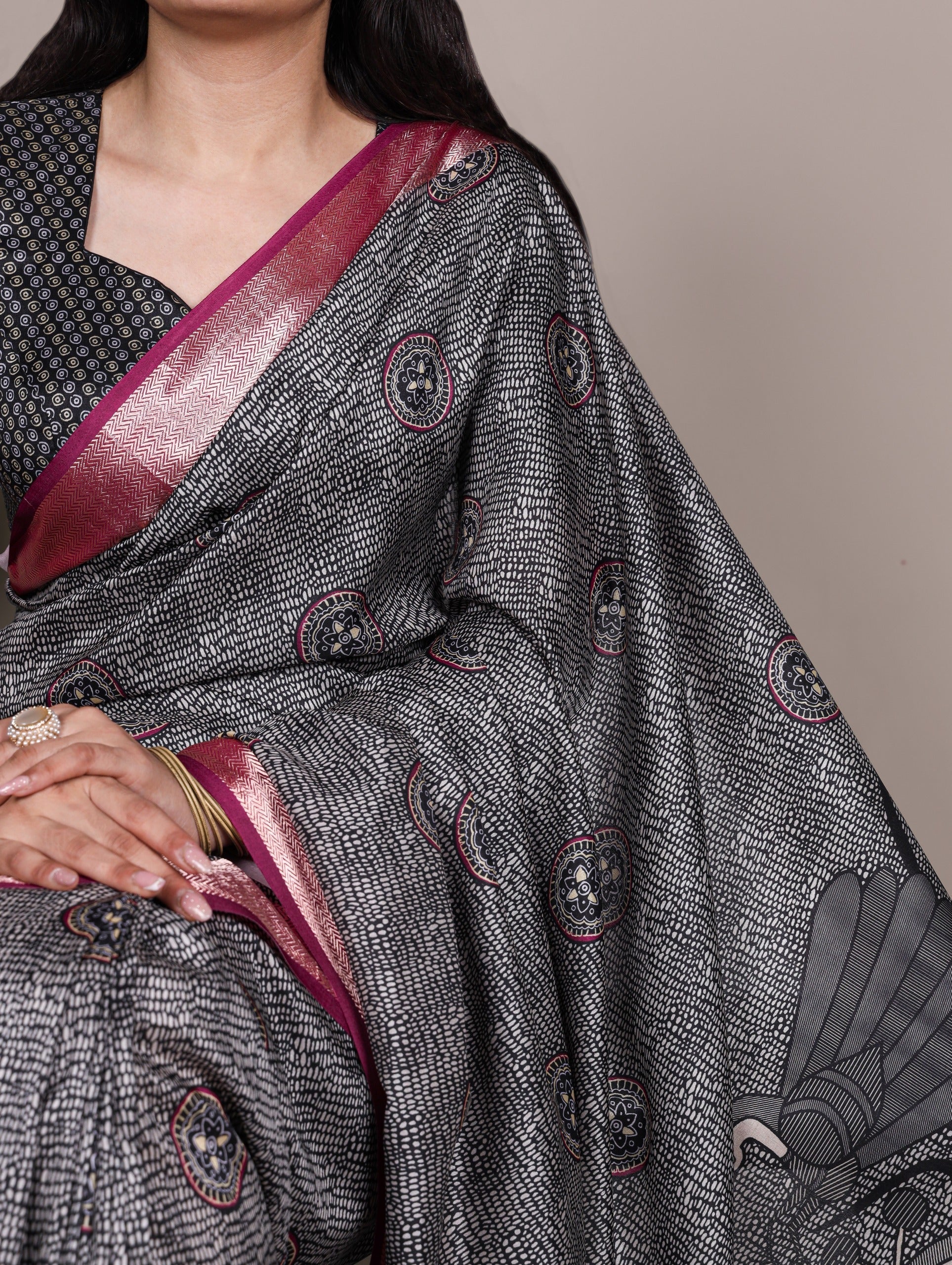 Black Printed Tussar Silk Saree