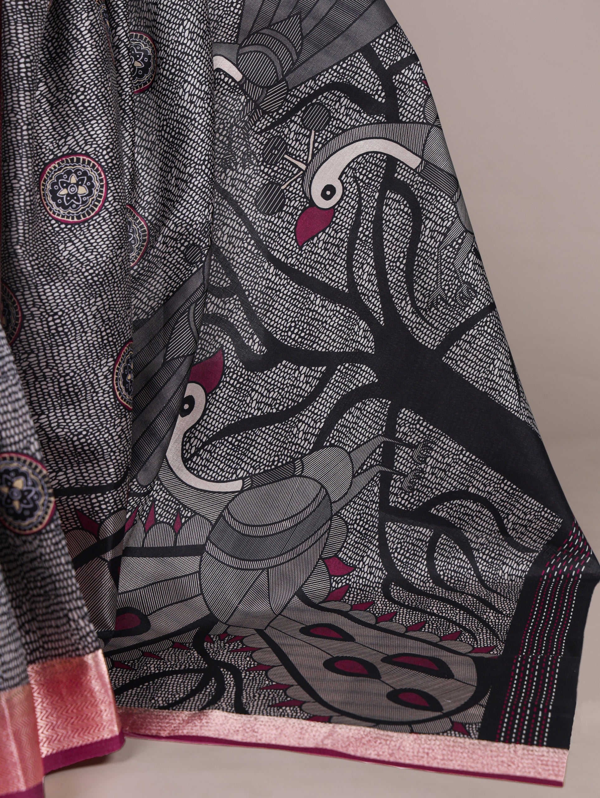 Black Printed Tussar Silk Saree