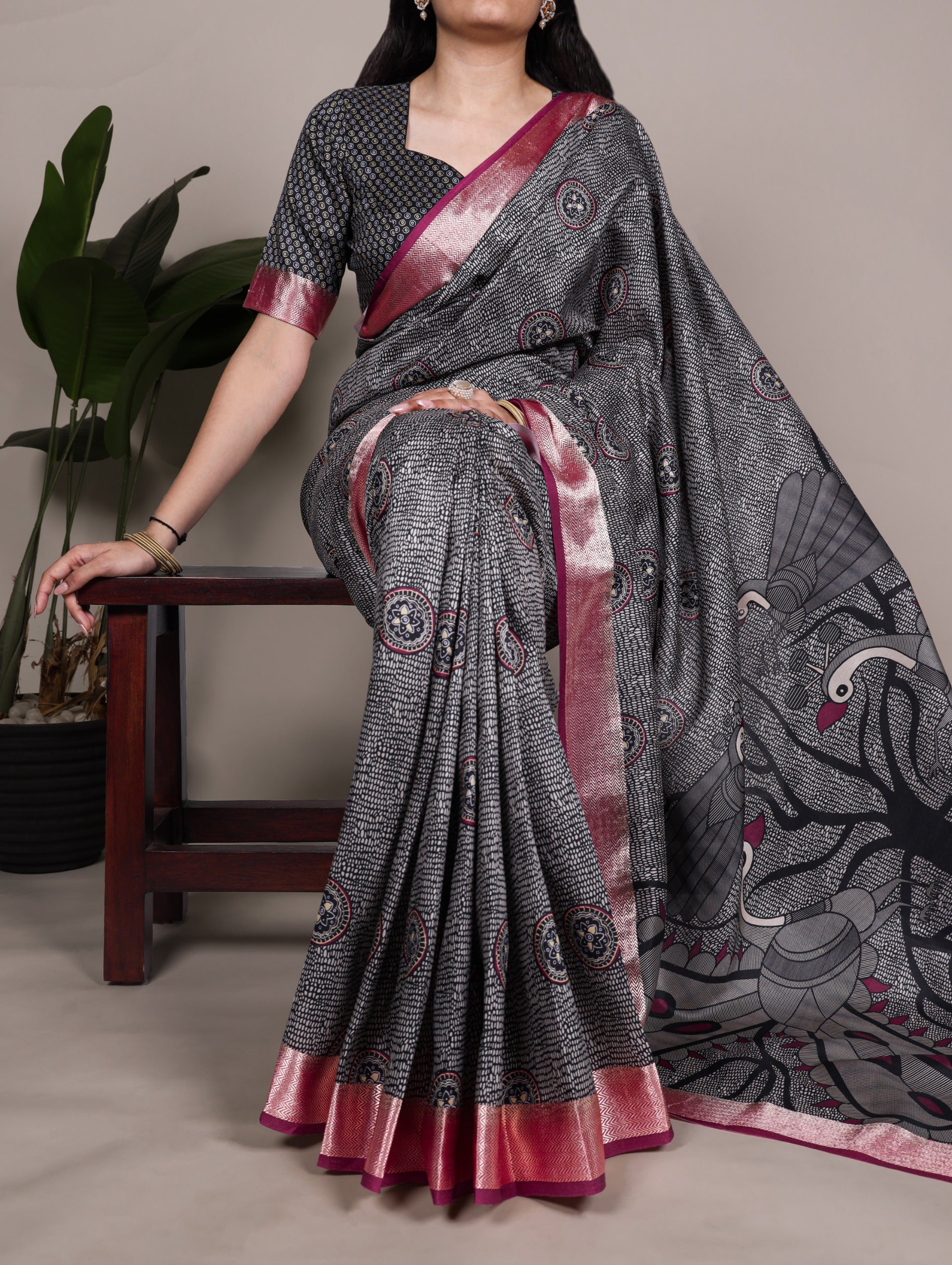 Black Printed Tussar Silk Saree