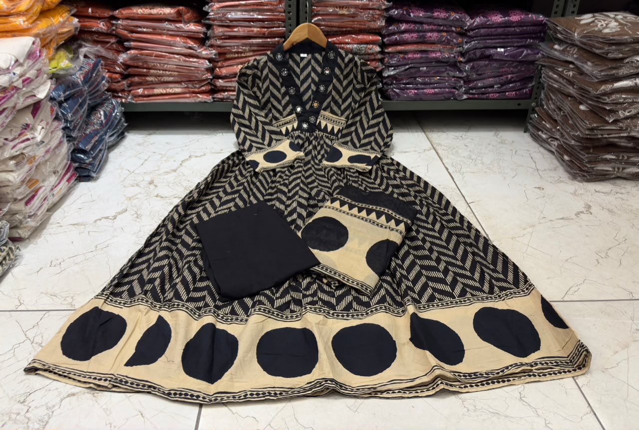Black Procin Print Cotton A-Line Kurti Set with Pant & Mal Mal Dupatta