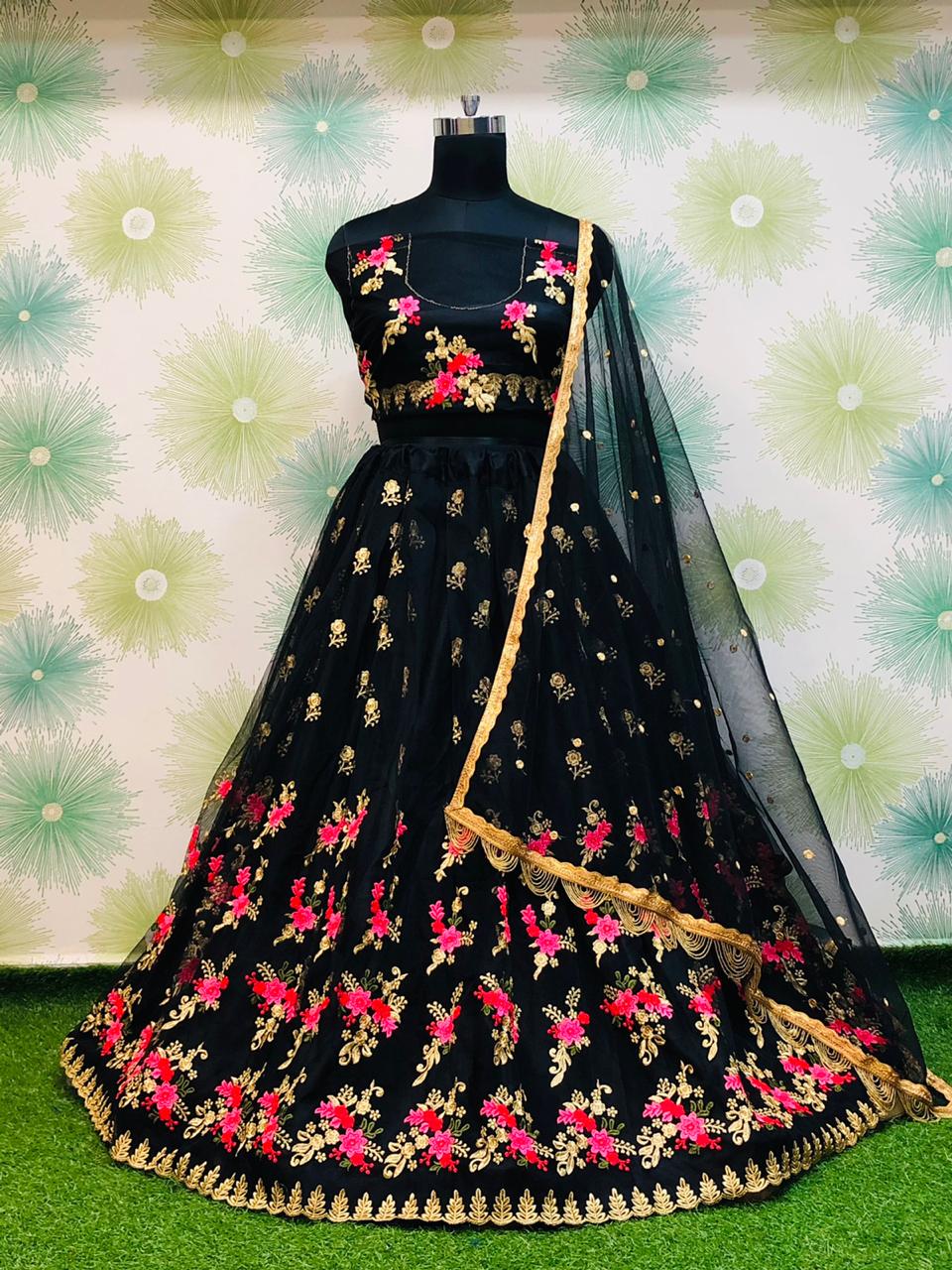Black Royal Heavy Net Embroidered Lehenga Set – Zari & Thread Work