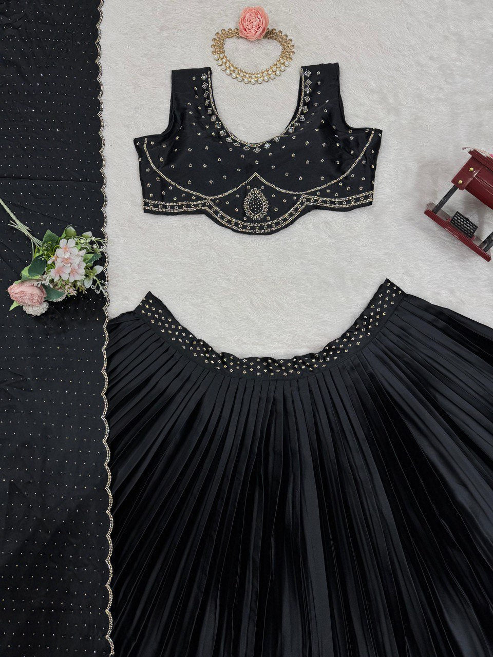 Black Royal Satin Silk Lehenga Set with Real Mirror & Hotfix Work