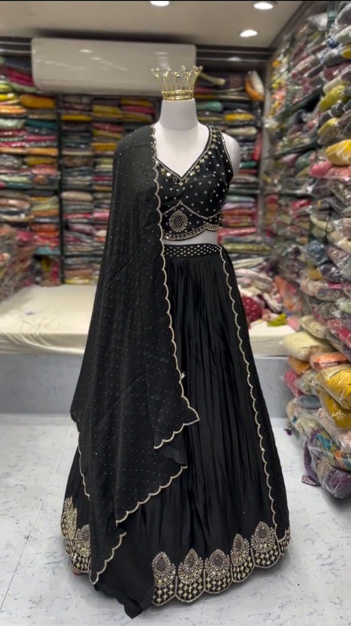 Black Royal Satin Silk Lehenga Set with Real Mirror & Hotfix Work