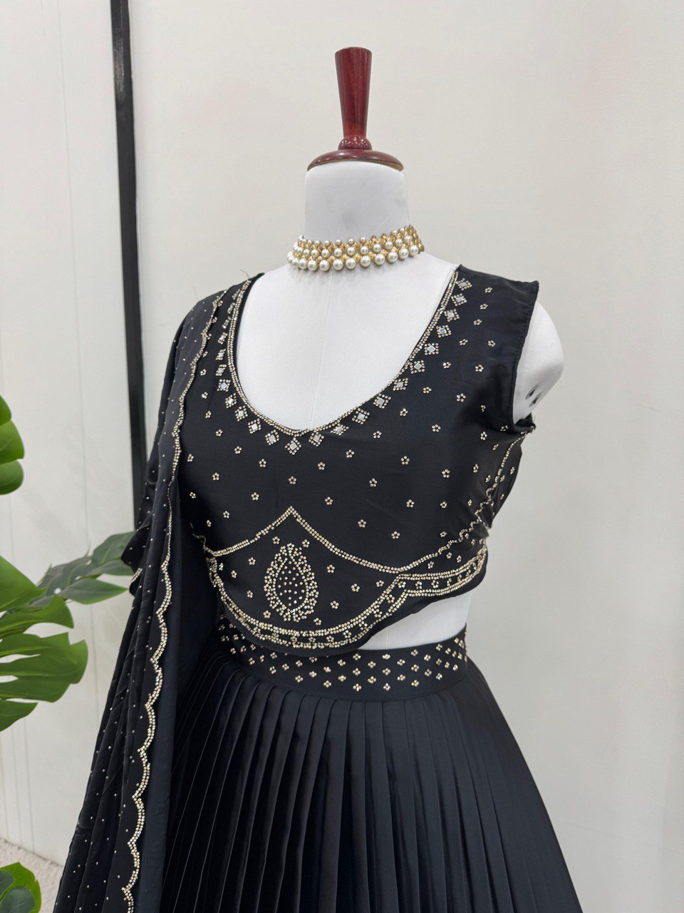 Black Royal Satin Silk Lehenga Set with Real Mirror & Hotfix Work