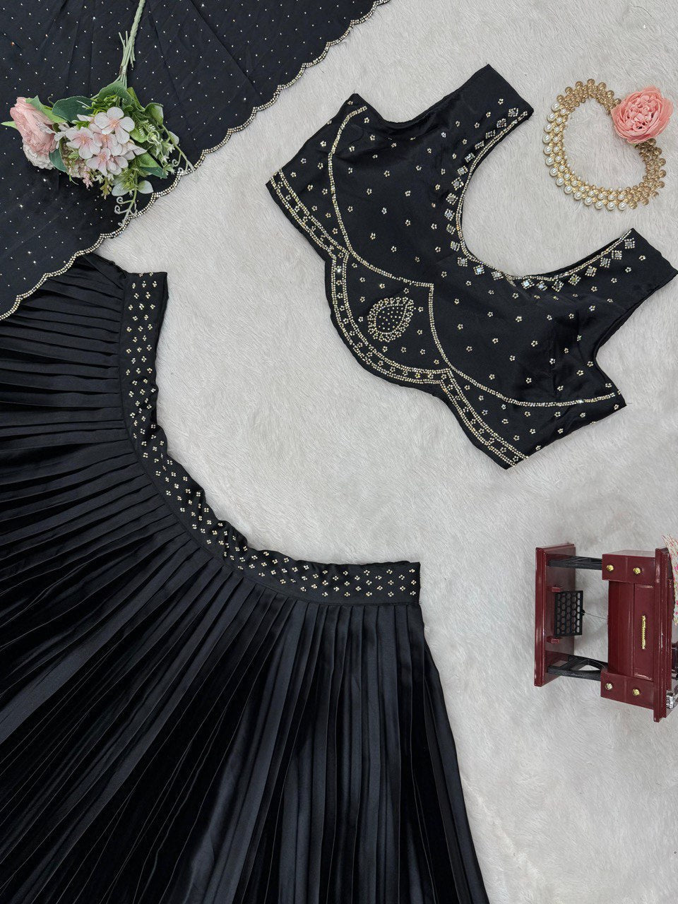 Black Royal Satin Silk Lehenga Set with Real Mirror & Hotfix Work