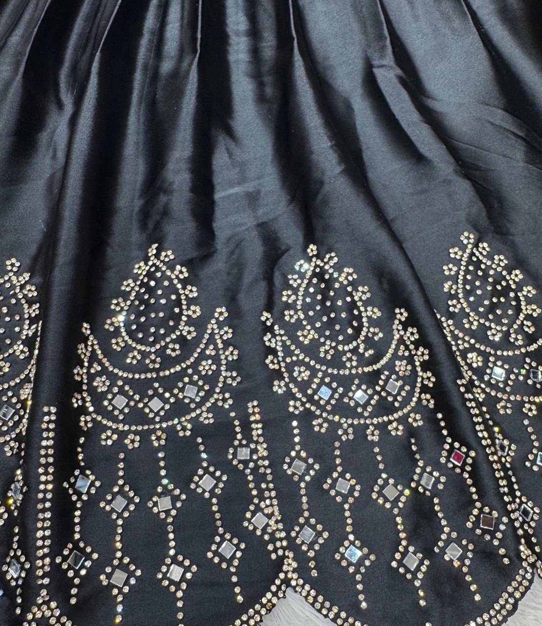 Black Royal Satin Silk Lehenga Set with Real Mirror & Hotfix Work