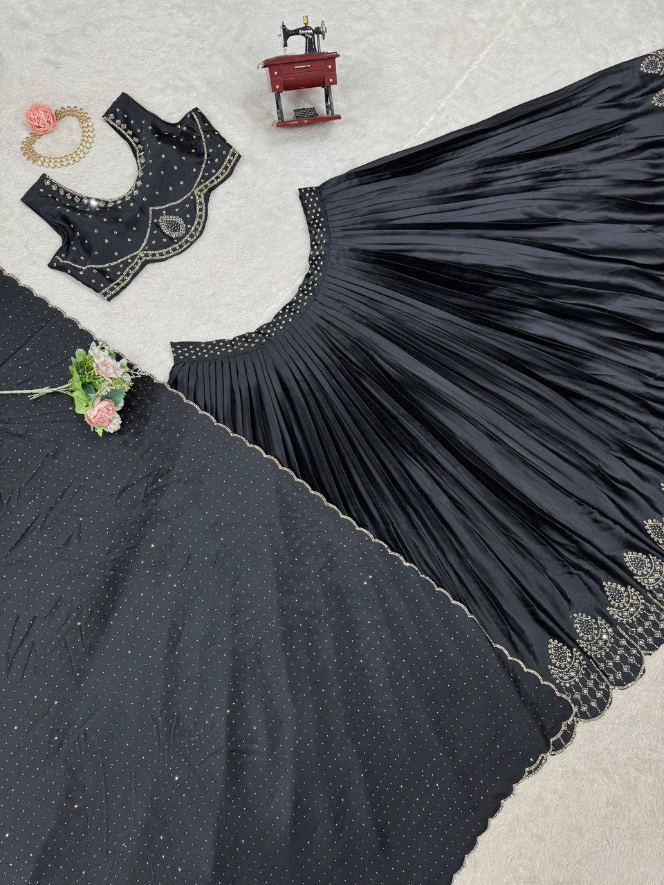 Black Royal Satin Silk Lehenga Set with Real Mirror & Hotfix Work