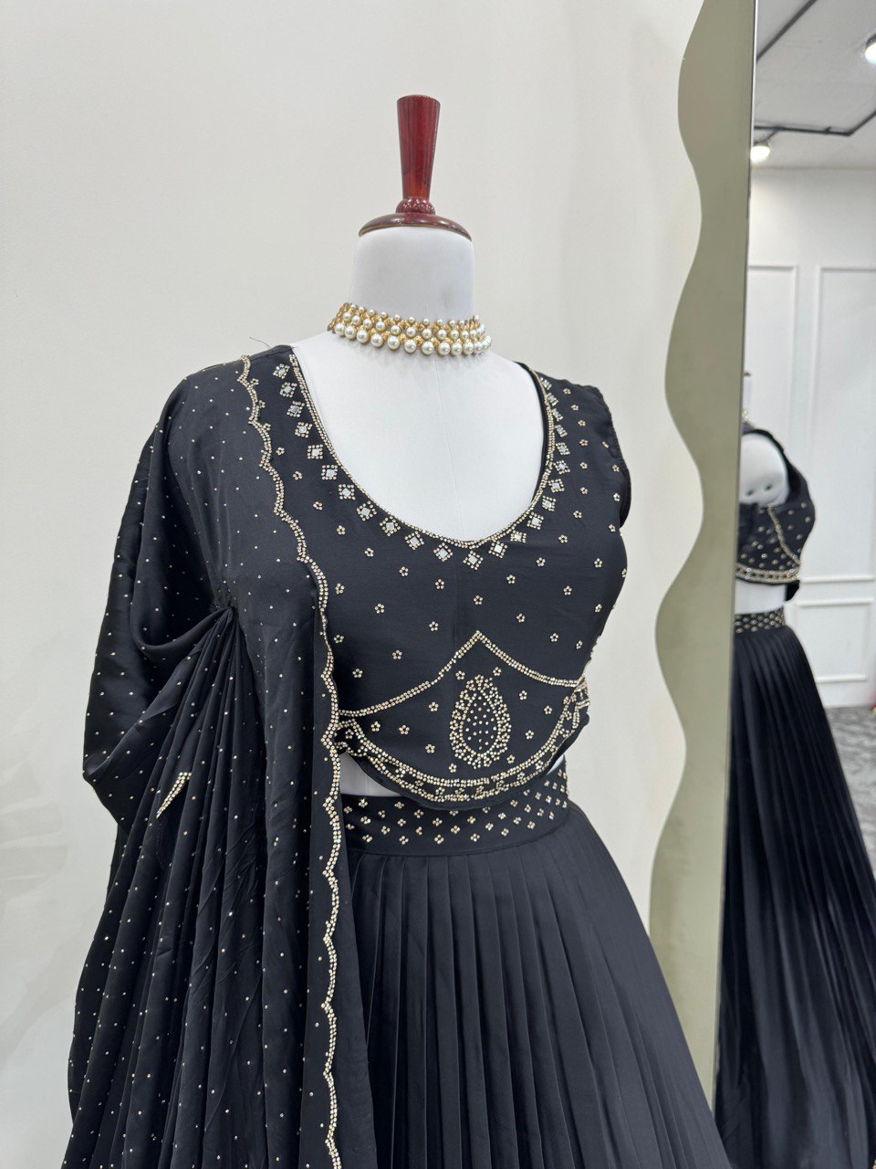 Black Royal Satin Silk Lehenga Set with Real Mirror & Hotfix Work