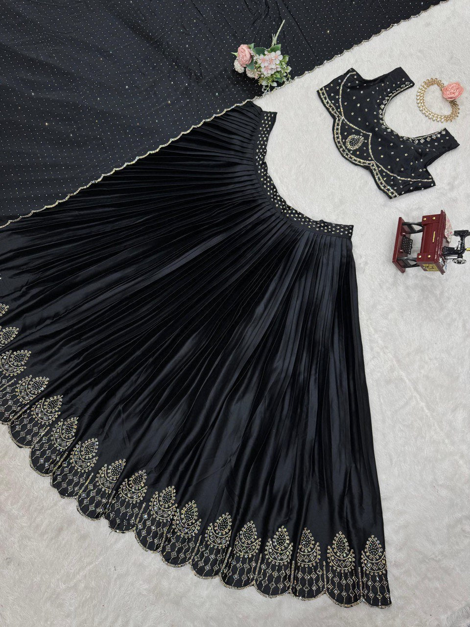 Black Royal Satin Silk Lehenga Set with Real Mirror & Hotfix Work