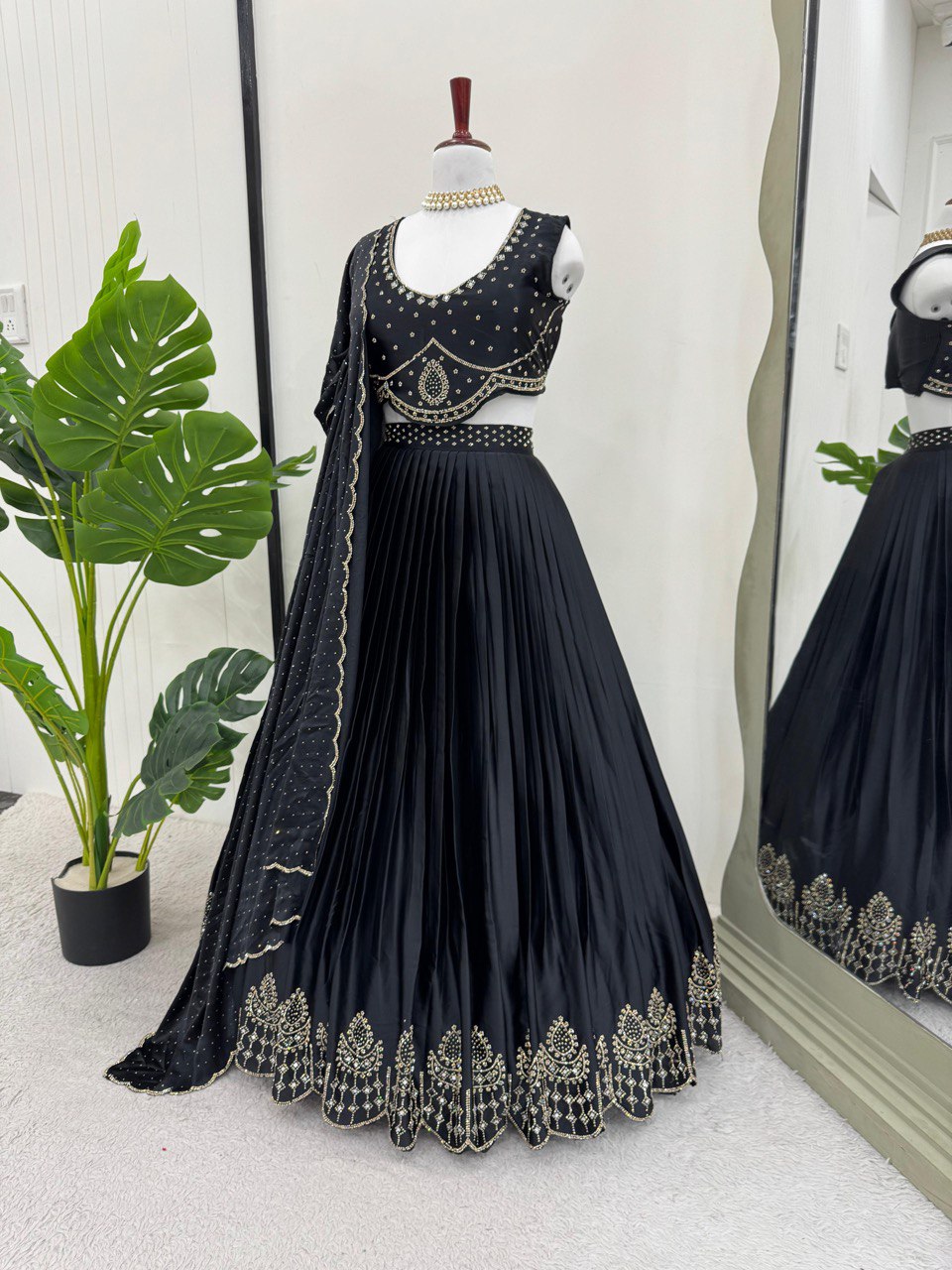 Black Royal Satin Silk Lehenga Set with Real Mirror & Hotfix Work