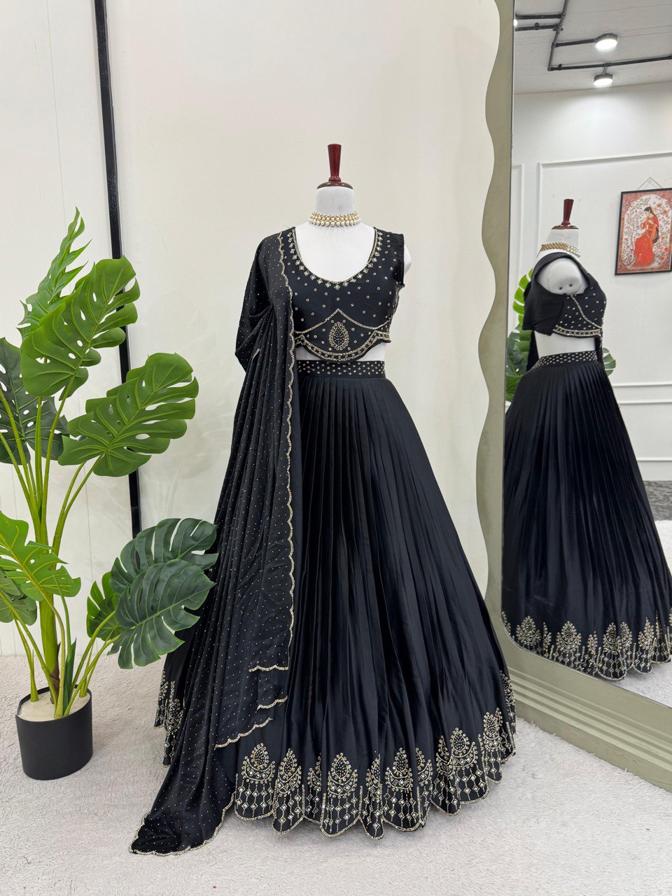 Black Royal Satin Silk Lehenga Set with Real Mirror & Hotfix Work