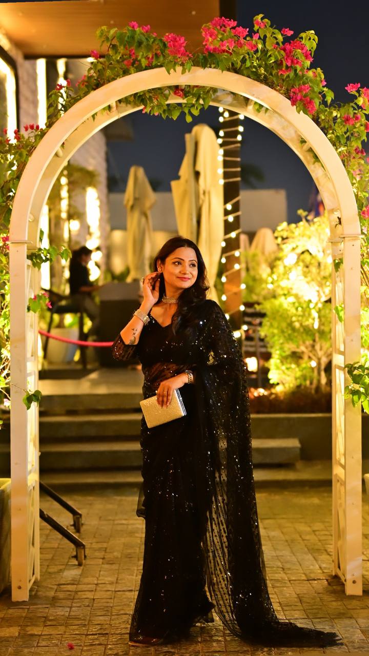 Black Net Saree with Heavy Sequins & Thread Work