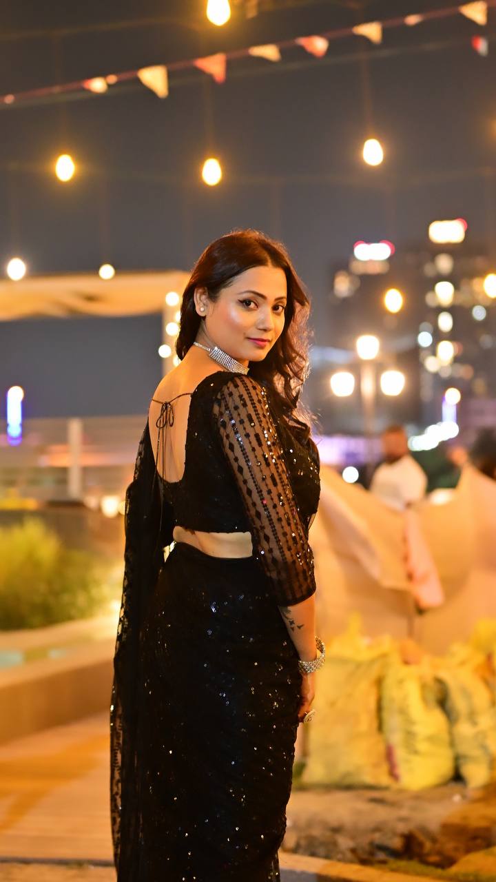 Black Net Saree with Heavy Sequins & Thread Work