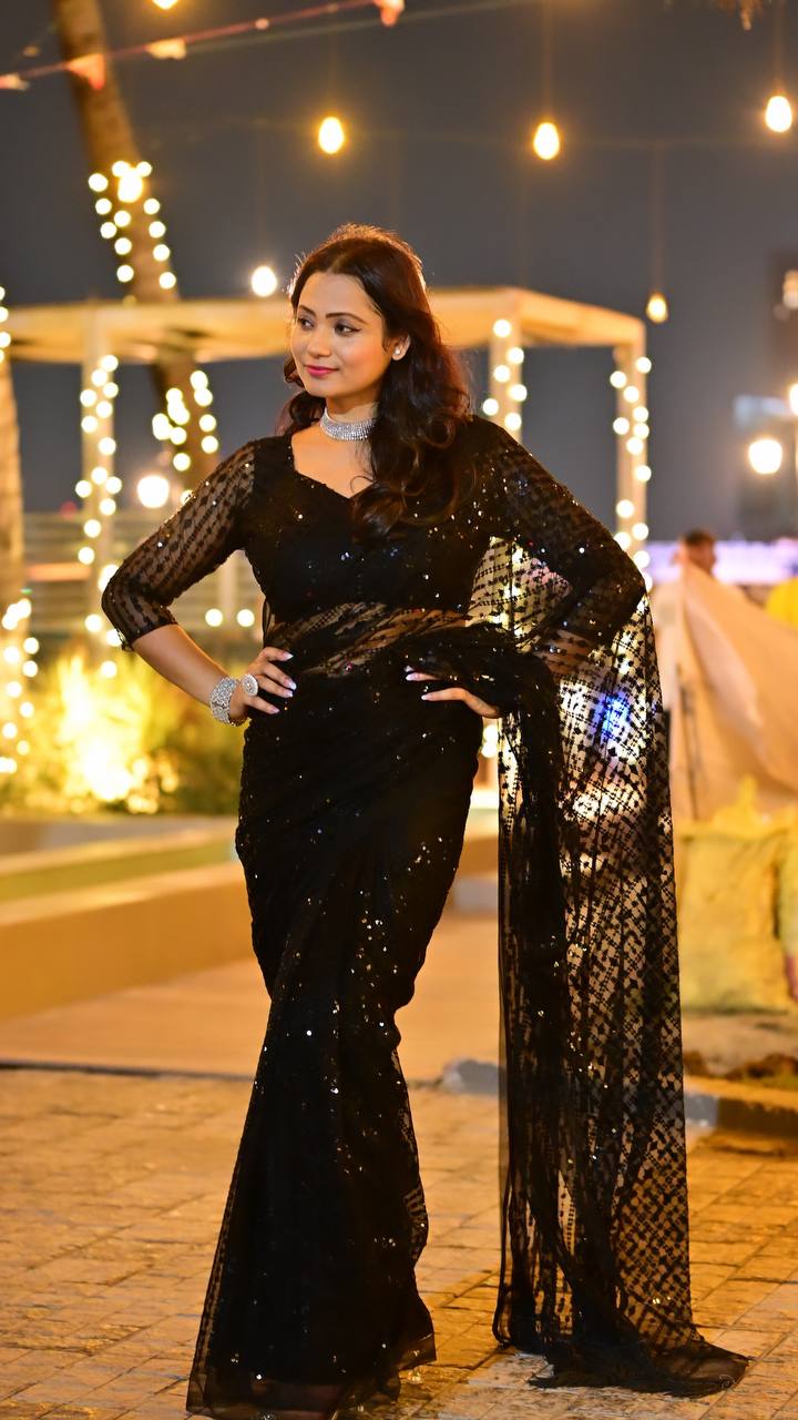 Black Net Saree with Heavy Sequins & Thread Work