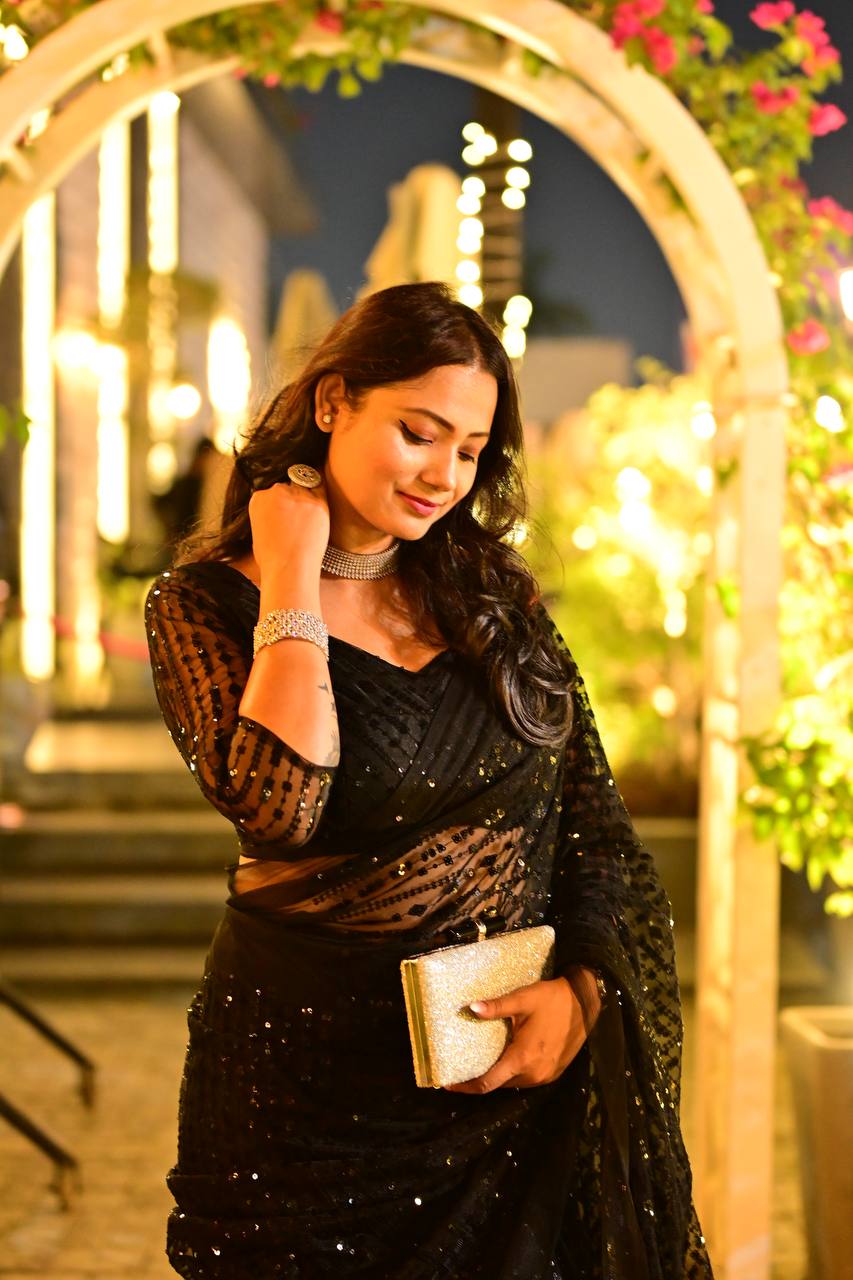 Black Net Saree with Heavy Sequins & Thread Work