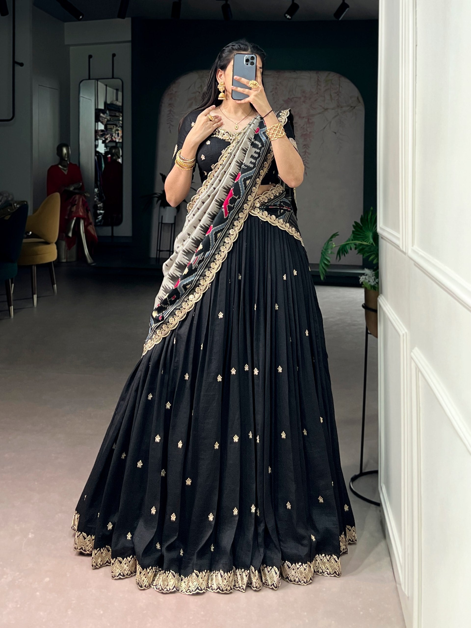 Black Silk Embroidered Lehenga Set