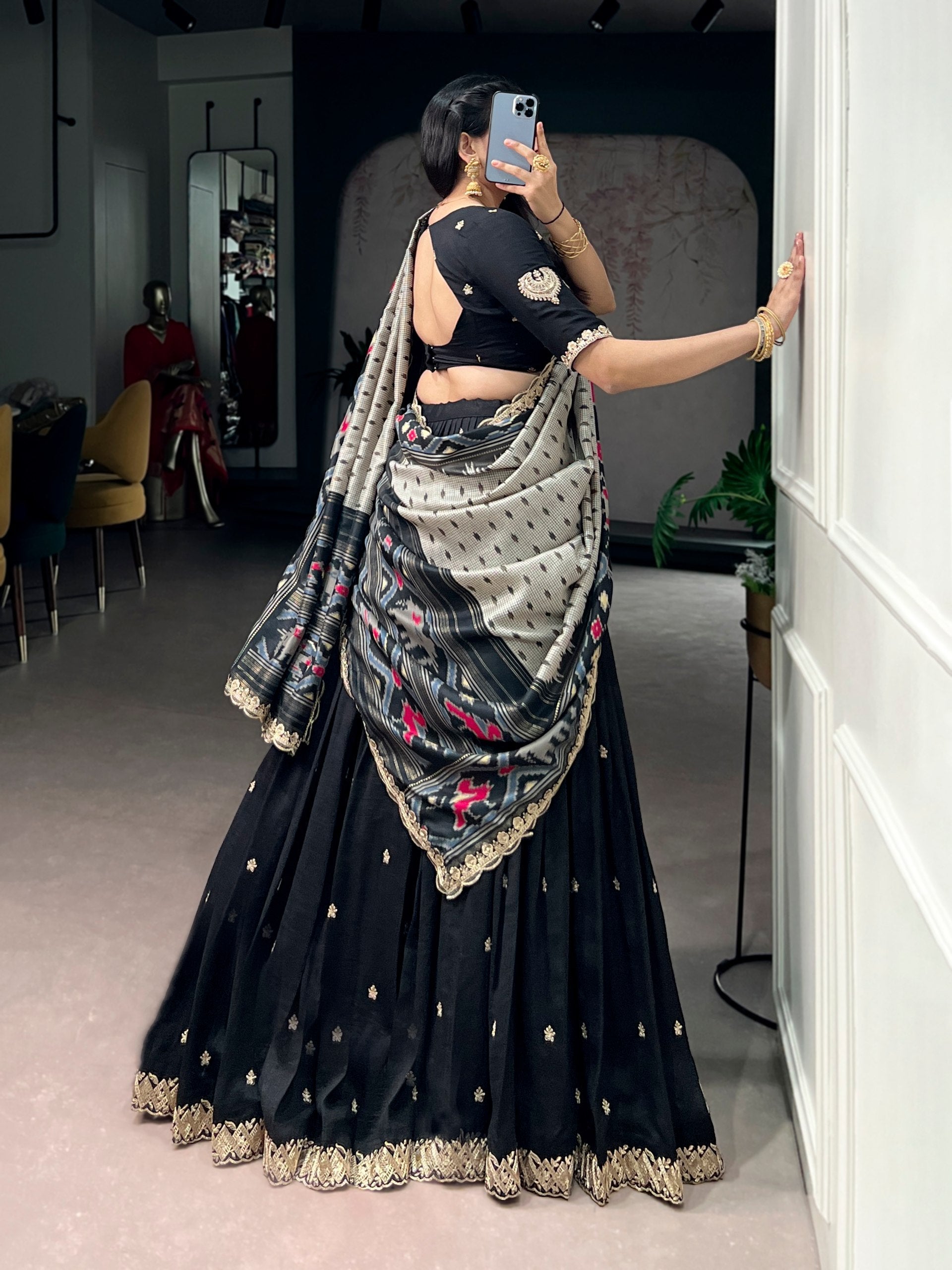 Black Silk Embroidered Lehenga Set