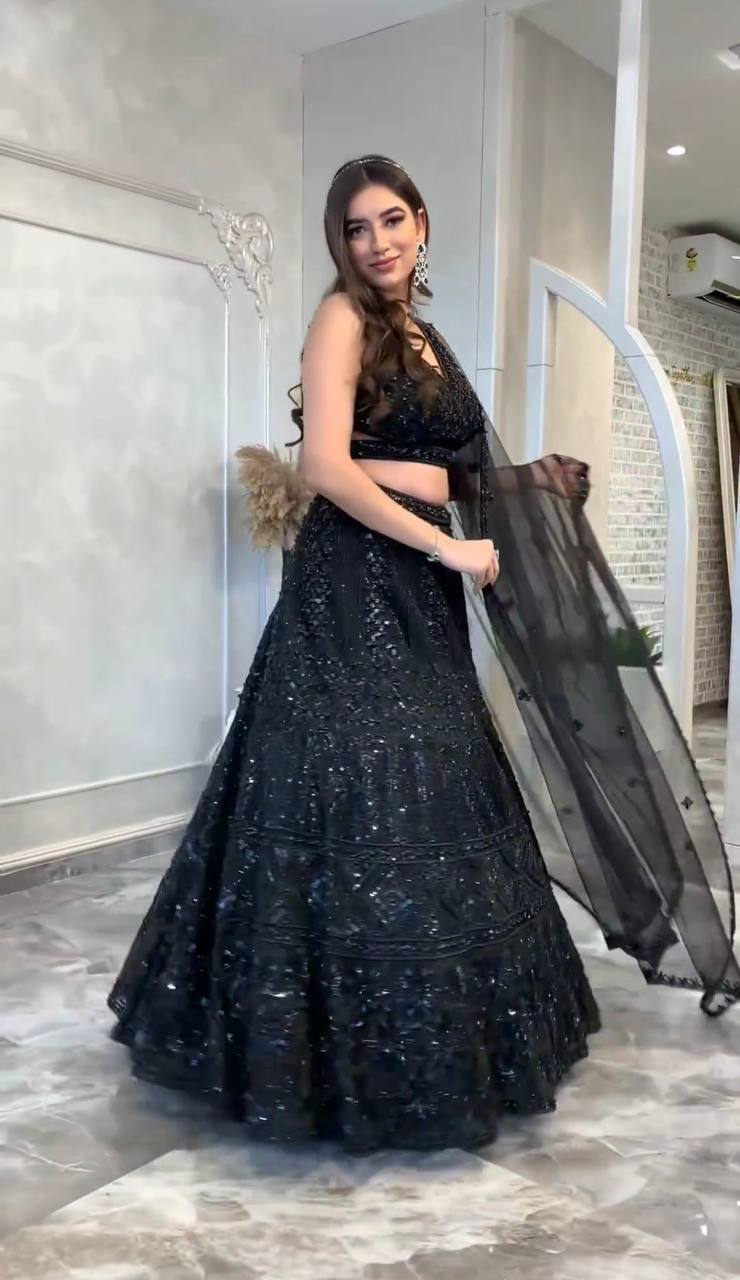 Black Slay in Style Elegant Net Lehenga Set for Special Occasions