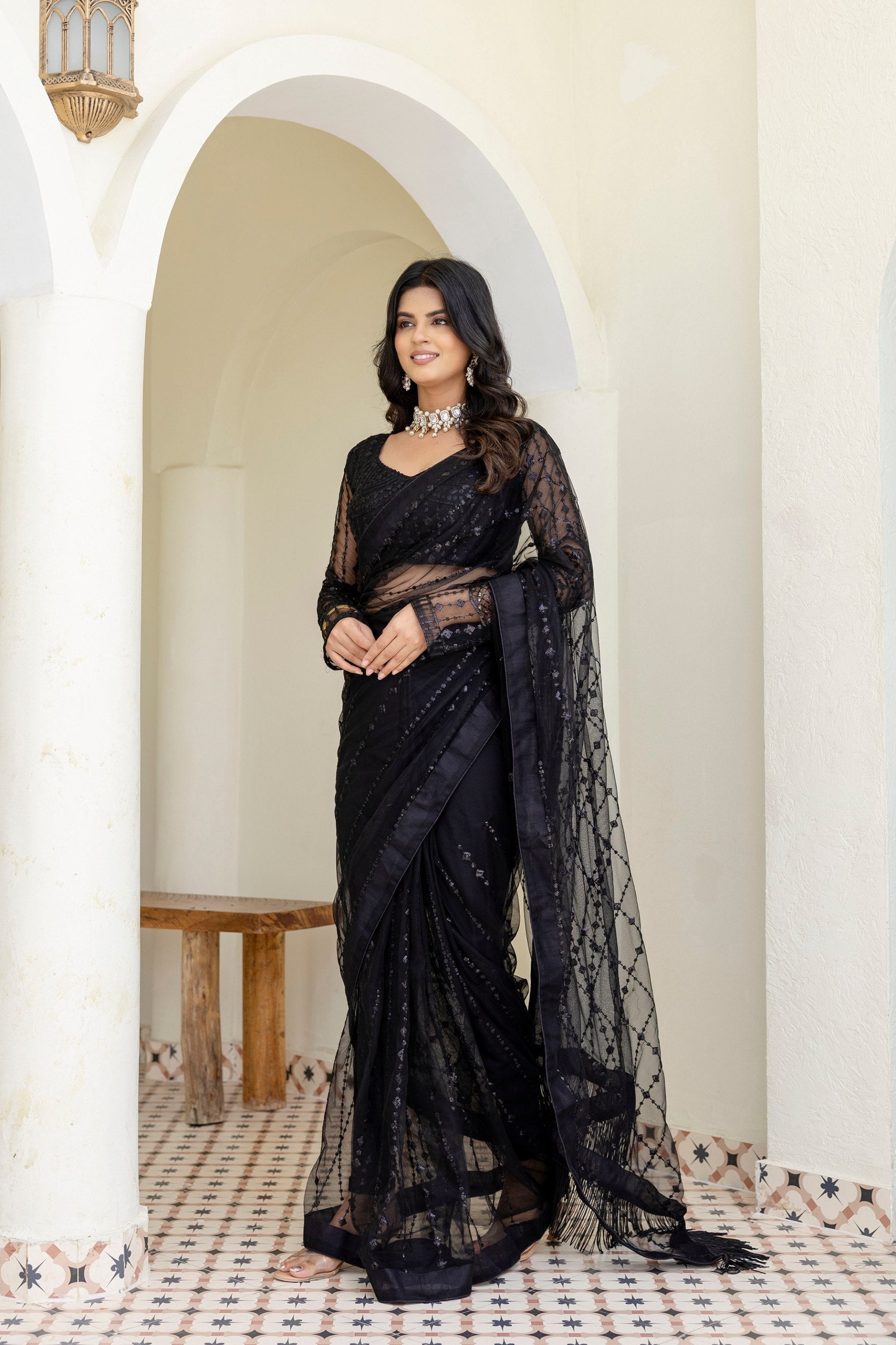 Black Soft Mono Net Sequins Embroidered Saree with Unstitched Blouse Piece